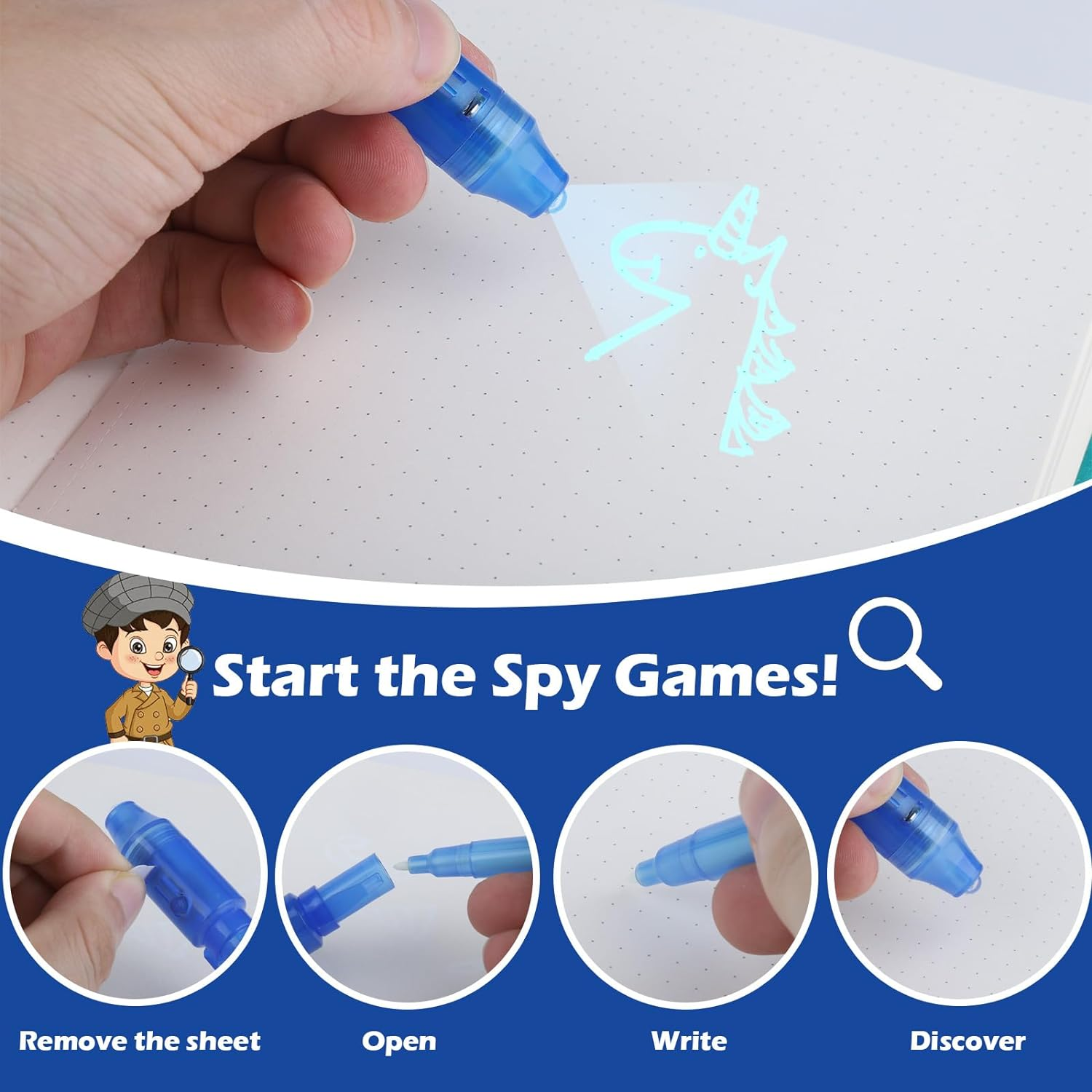 ASONA 16 Pcs Invisible Ink Pens with UV Light for Kids, Spy Pens for Secret Message and Birthday Party Favors, Writing Secret Message for Goodie Bag Stuffers Party Bag Gift image number 5