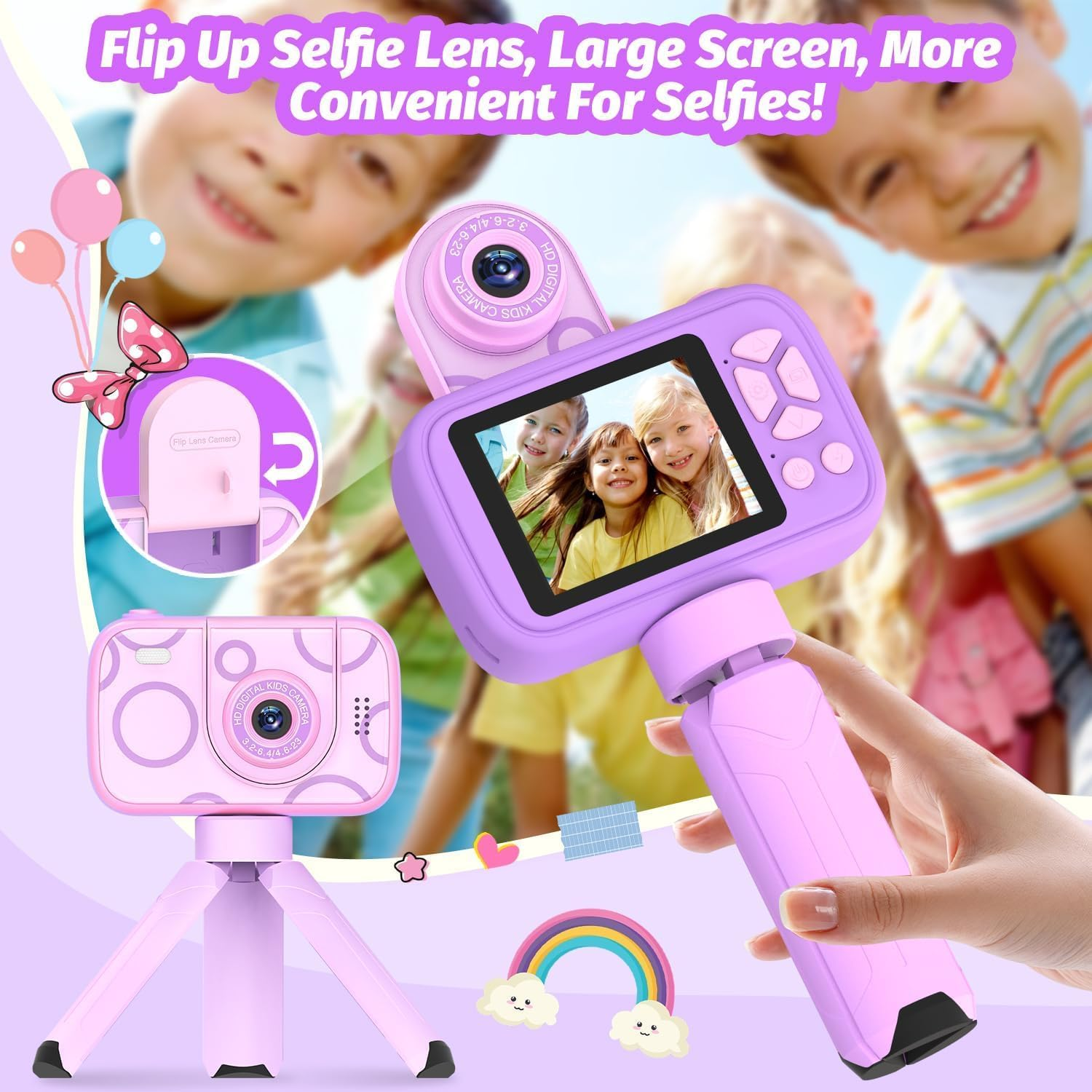 ZONEY Kids Camera Toys,Children'S Camera with Flip-Up Lens for Selfie & Video, 32G 1080P HD Digital Camera with Flash Lamp, Video Recorder, Birthday Gifts for Boys Girls (Purple) image number 1