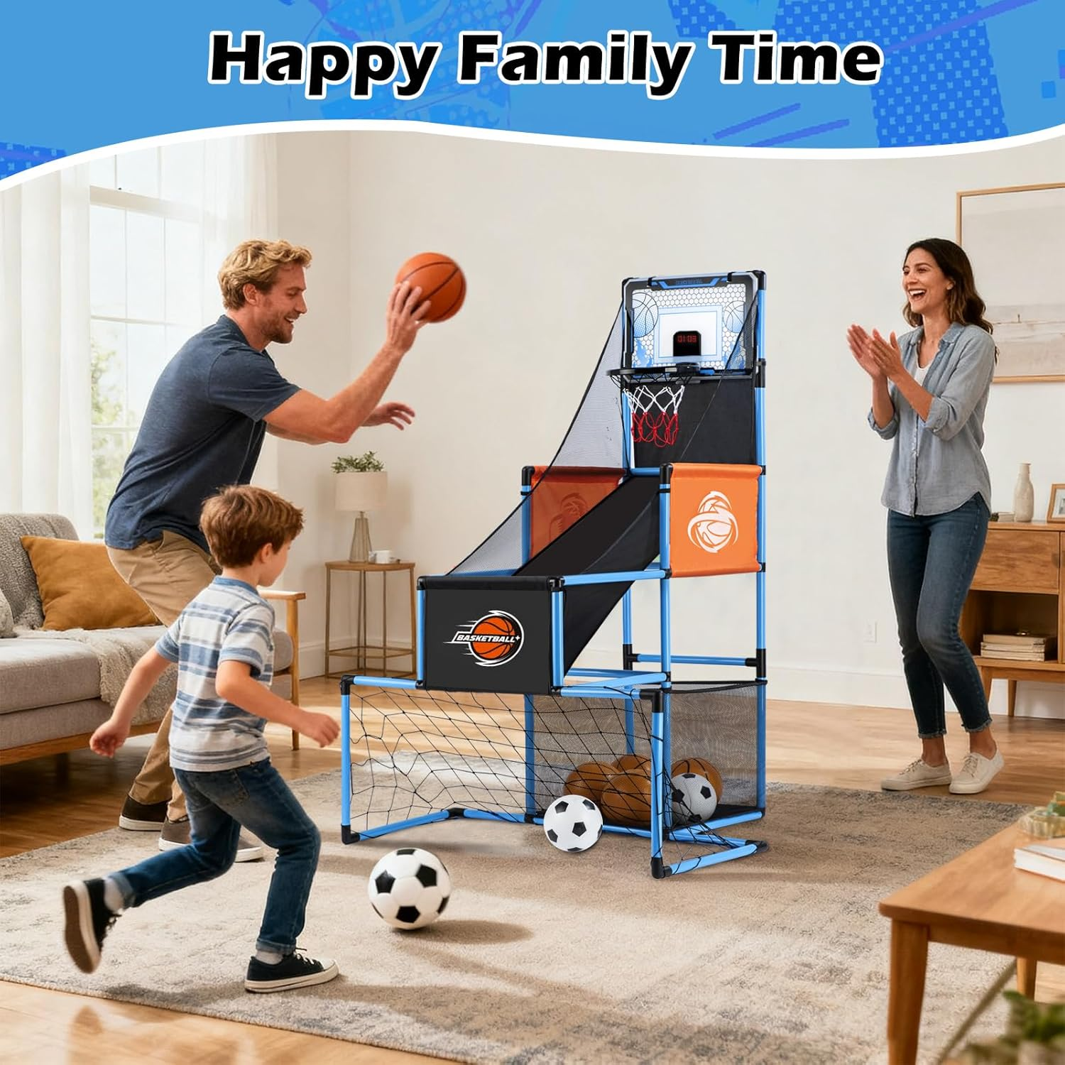2 in 1 Basketball Arcade Game & Soccer Goal for Kids, Adjustable Kid Basketball Hoop with 6 Balls and Pump, Indoor Outdoor Games for Kid Toys for 3-12 Year Old Kids Birthday Gifts for Boys Girls image number 5