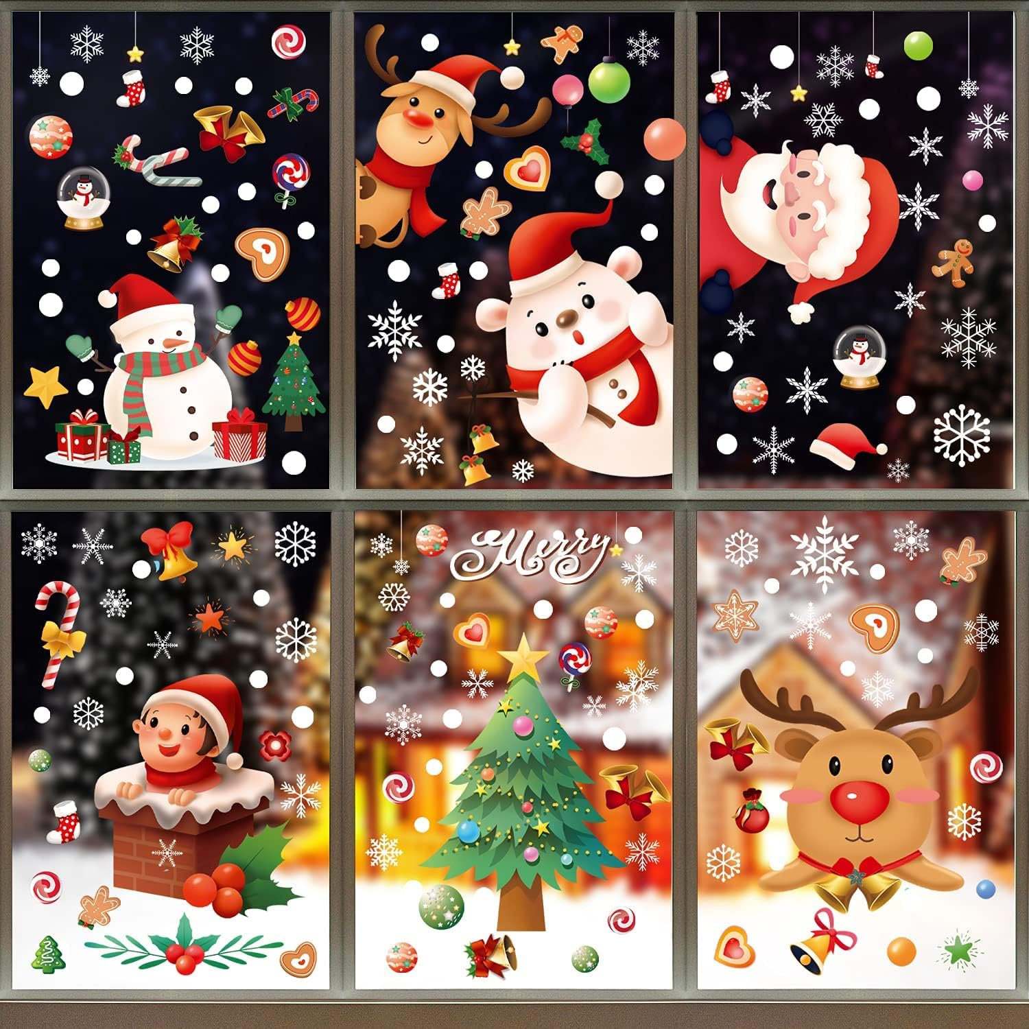 Christmas Window Clings Decorations 9 Sheets 242 Pcs Xmas DIY Window Stickers Snowflake Reindeer Santa Claus Removable Static Stickers for Christmas Window Door Refrigerator Cabinet Decor image number 6