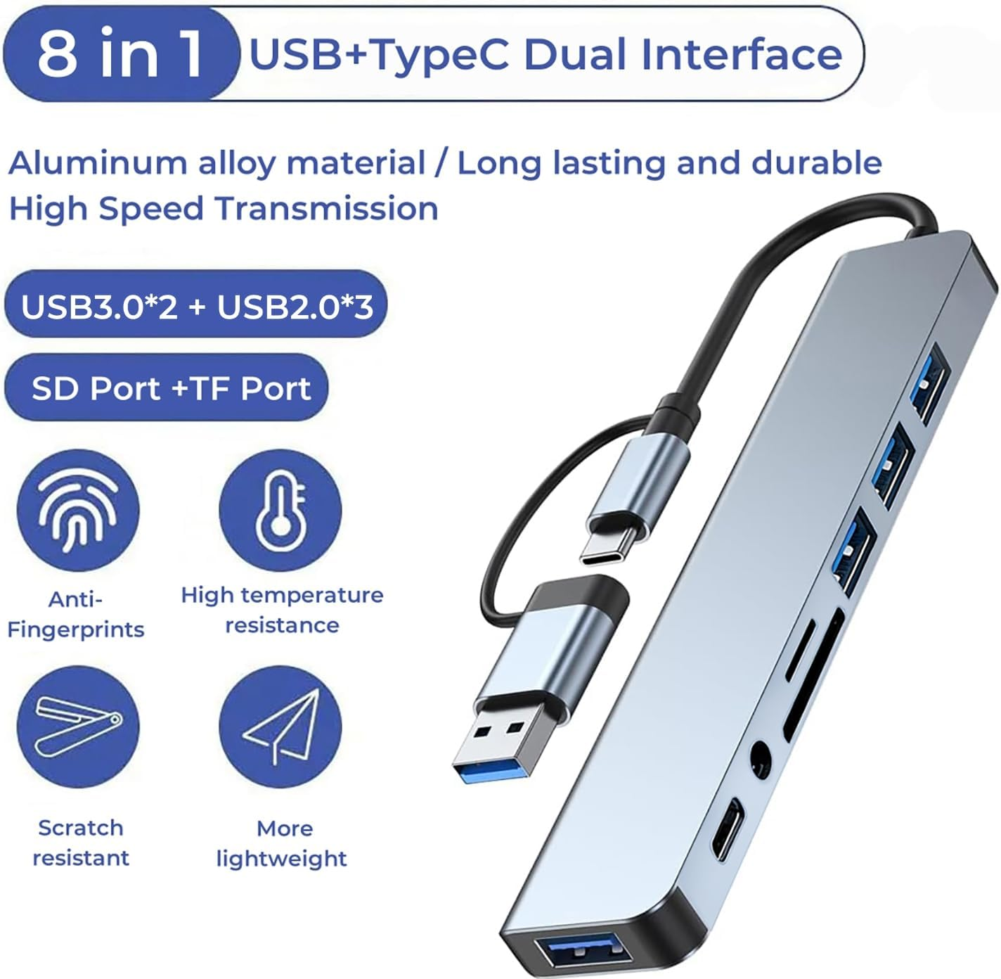 USB C Hub USB Hub 3.0, Aluminum 8 in 1 USB Extender with SD/TF Card Reader, 3.5Mm Aux Headphone Jack for Macbook Pro Air and More Pc/Laptop/Tablet Devices image number 5