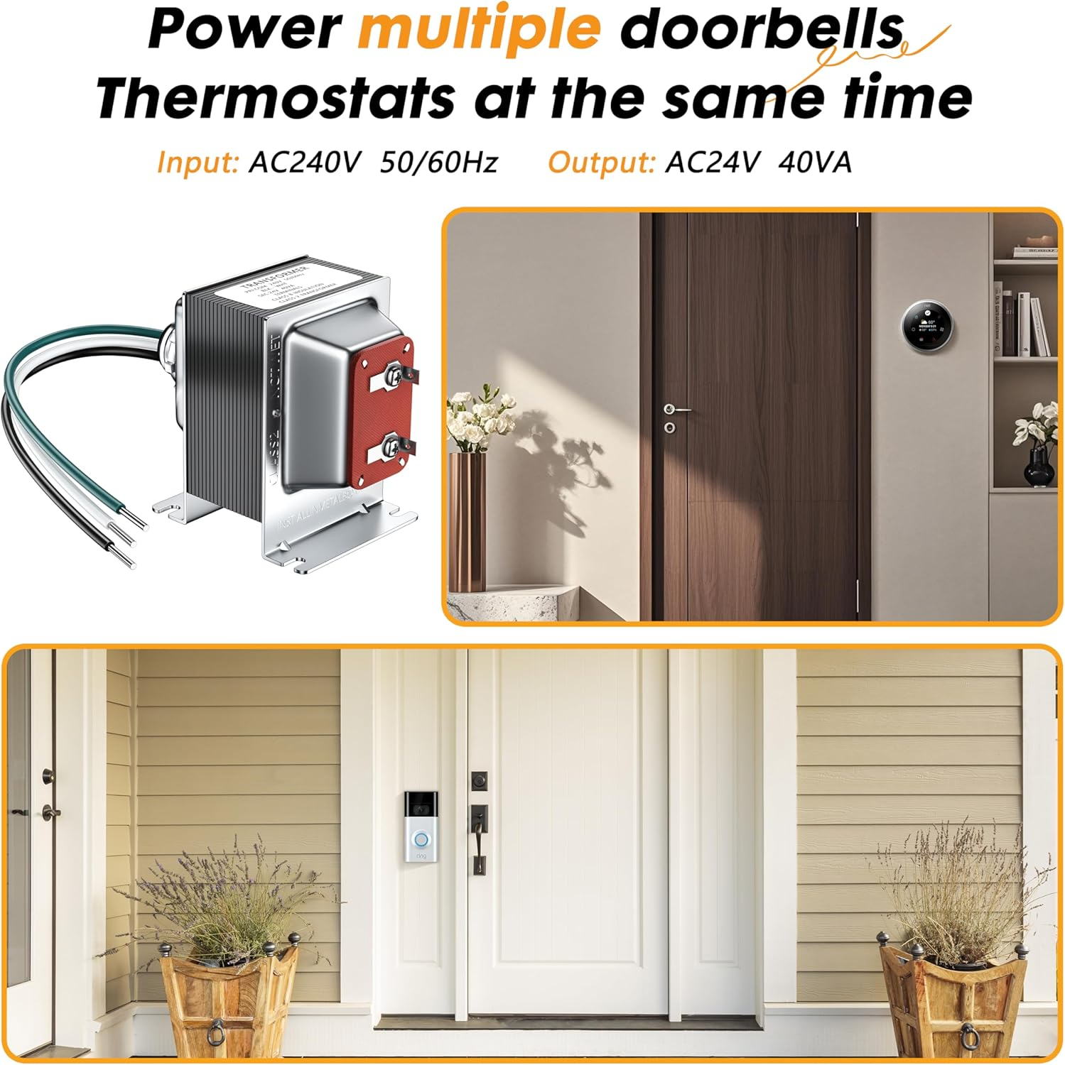 Arayuu 24V 40VA Thermostat and Doorbell Transformer Adapter Compatible with Nest Hello Doorbell, Ecobee, Saswell, Nest, Sensi and Honeywell Thermostat, All Versions of Ring Doorbell Power Supply image number 3