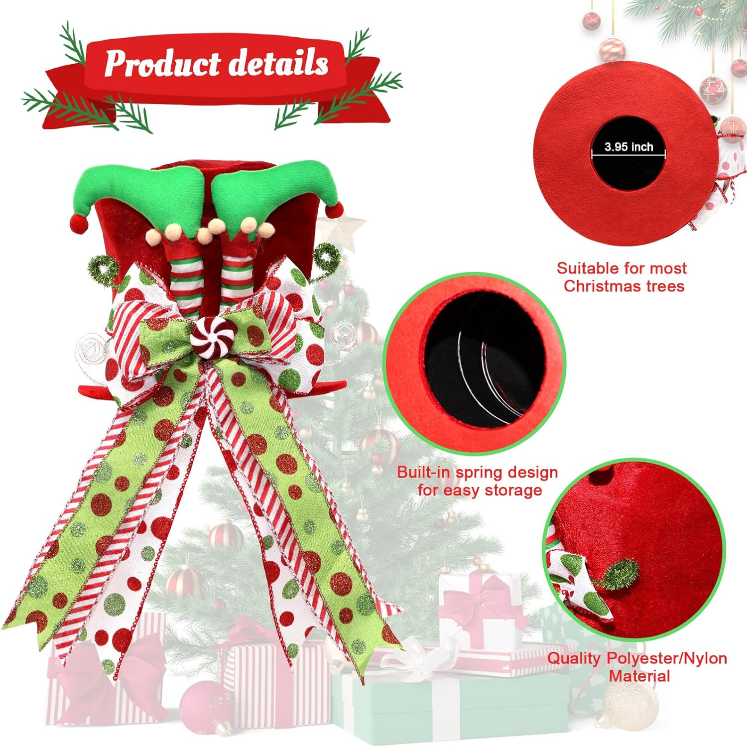 Christmas Tree Topper Hat with Bow, Red Velvet Top Hat Ornament with Elf Legs and Red & Green Polka Dot Bow, Winter Holidays Xmas Decor for Home Decoration image number 3