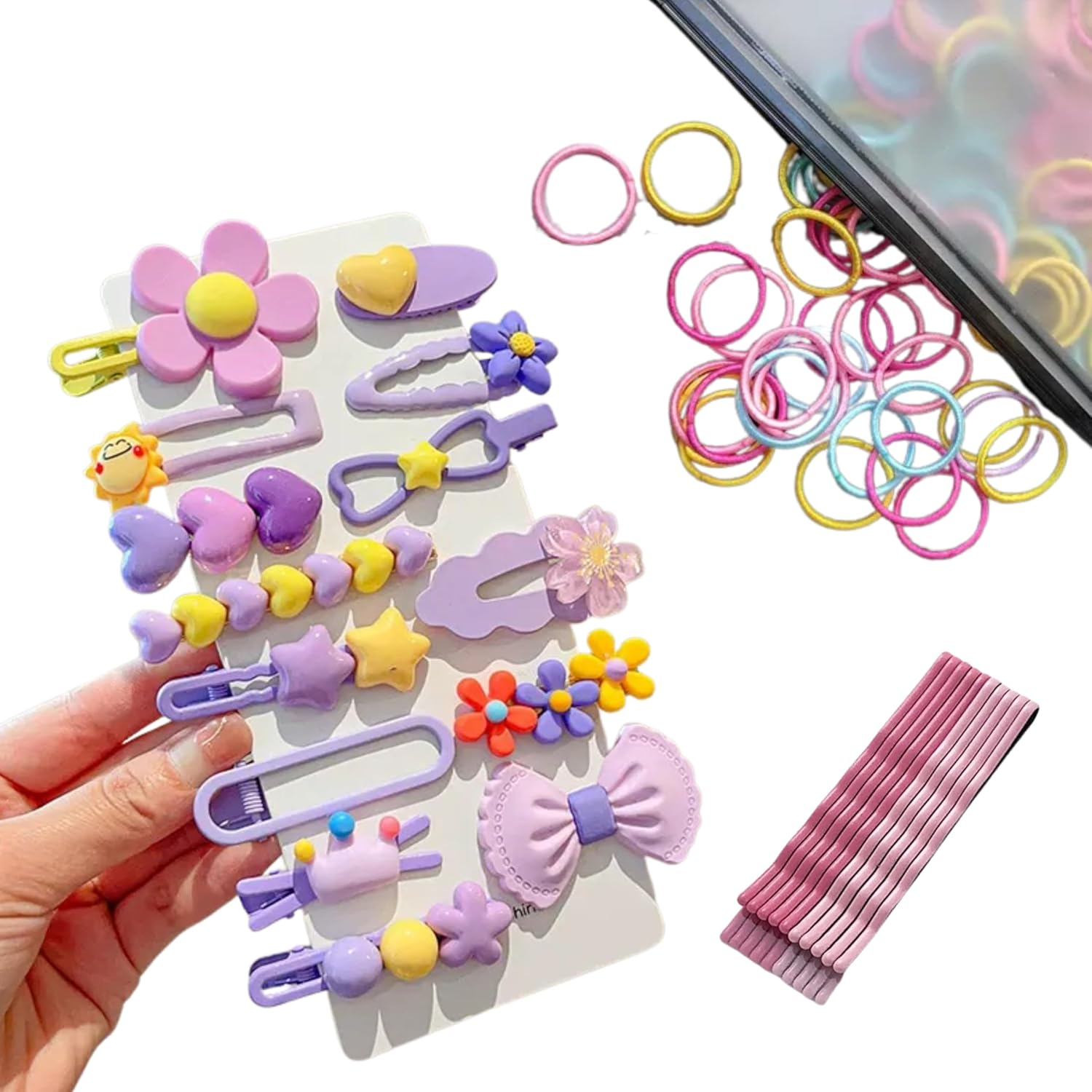 124-Piece Kids Hair Accessories Set, 14 Pcs Decorative Hair Clips with Hearts Stars Flowers Bows, 100 Hair Ties, 10 Bobby Pins (Pink)