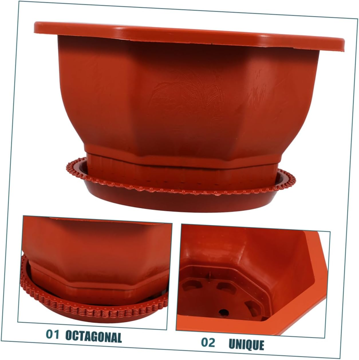 KONTONTY Octagonal Red Plant Pots 5Pcs with Saucers Thickened Plastic Indoor Plant Pots Outdoor Planters Small Indoor Planter for Home Gardening image number 2