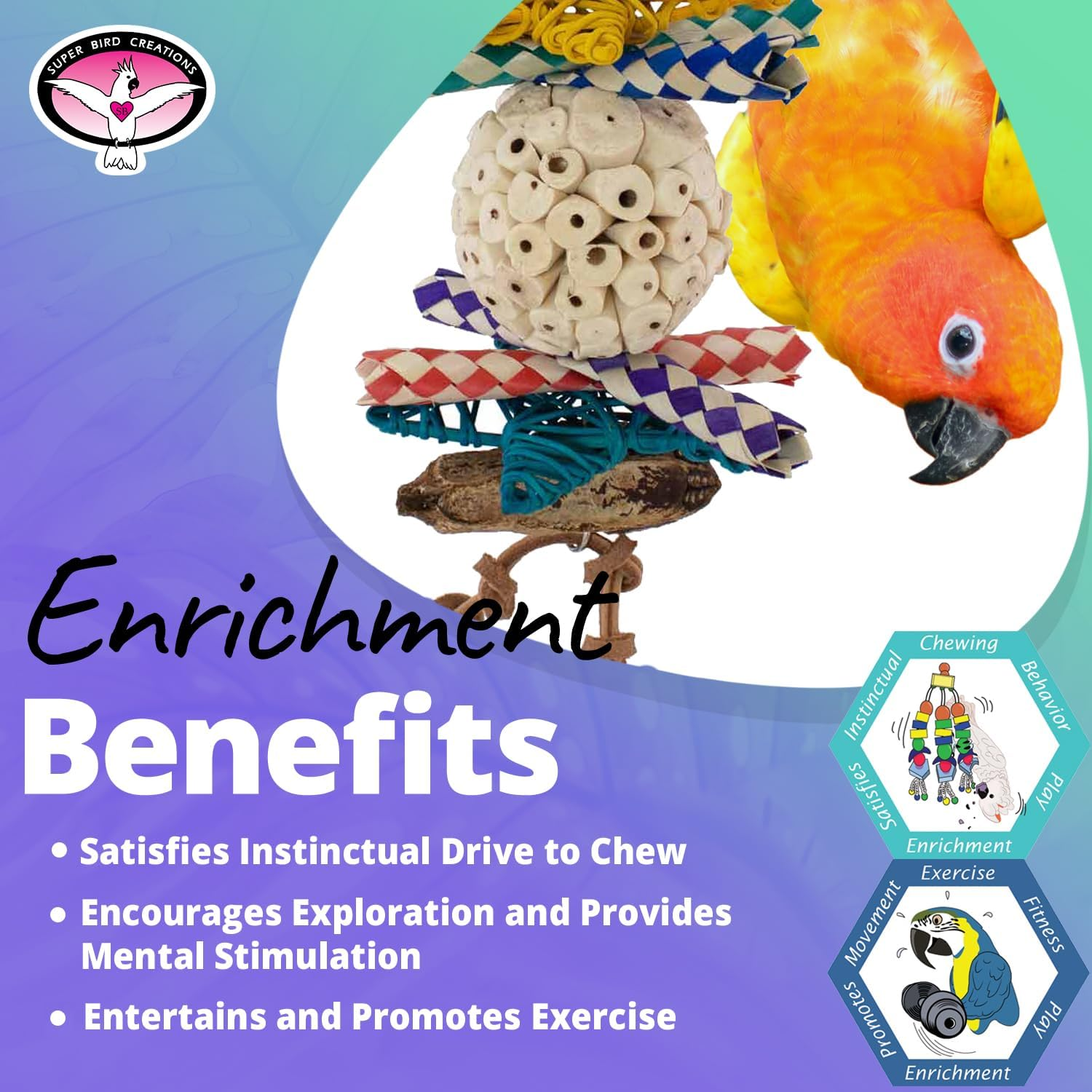 Super Bird Creations SB1240 Sola Ball Delight Bird Toy - Easy to Chew Sola and Mahogany Pods - Handcrafted Bird Activities Designed for Ringnecks, Medium Conures, Caiques - Ideal for Medium Bird Size image number 1