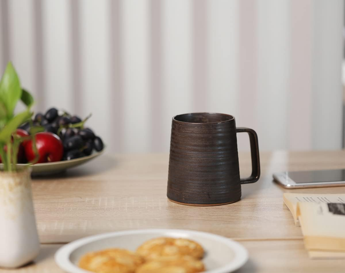 Globe Faith Large Handmade Pottery Coffee Mug, Unique Metallic Glazed Ceramic Drinking Cup Coffee Cup with Big Handle for Home, Office or Gifts, Microwaveable, Annular Texture 16 Oz image number 5