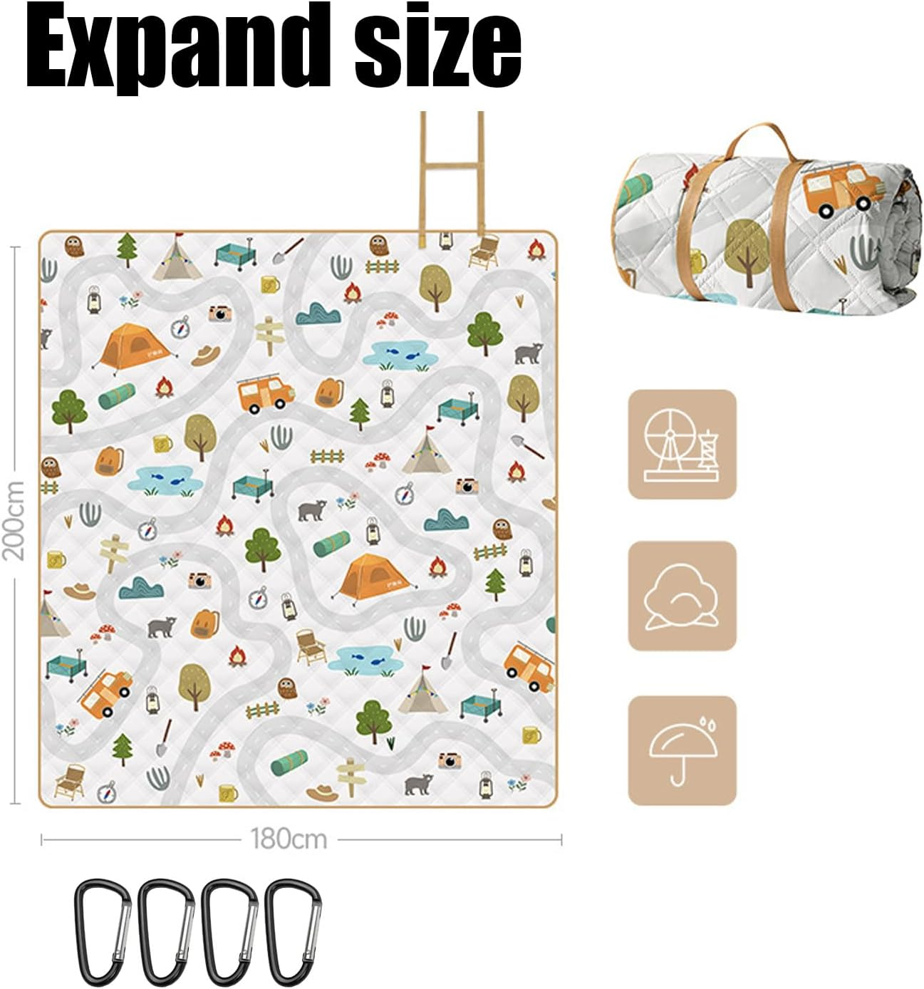 Portable Picnic Mat,Upgraded Thickened Waterproof Anti-Tear Outdoor Blanket, Soft Skin-Friendly Camping Mat for Family Camping, Beach, Park Picnic（200X220Cm Car+Tree ） image number 4