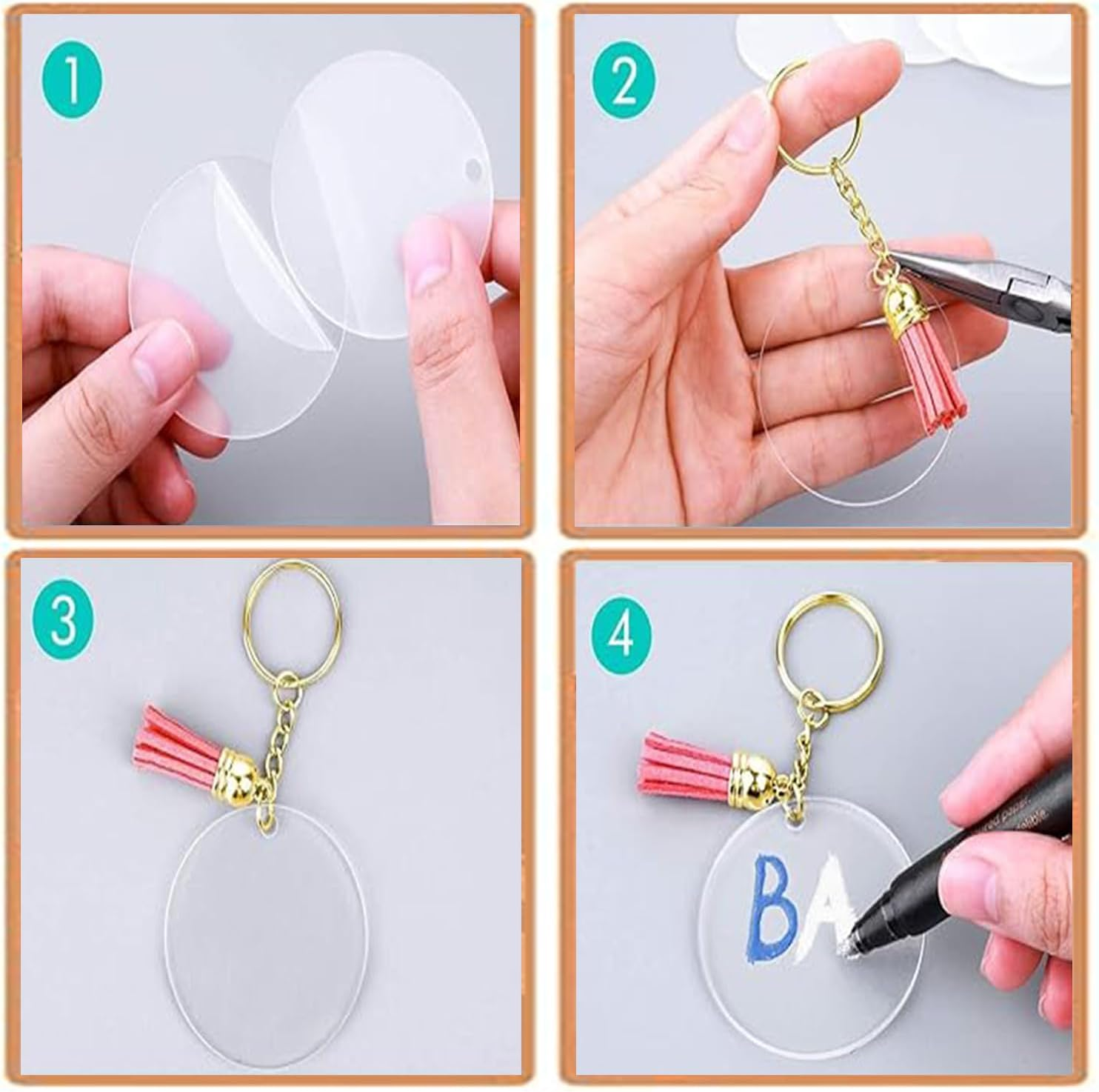Roczential 120 Pack Blanks, Craft Tassels, Bulk Acrylic Keychain for Craft Set with Acrylic Blanks, Key Rings, Tassels and Jump Rings, DIY Keychain Supplies image number 3
