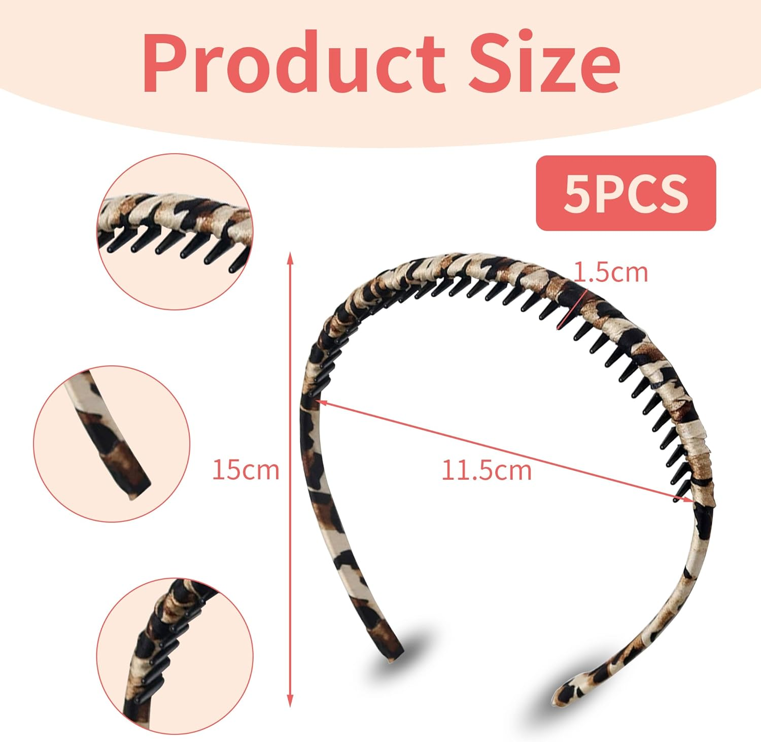 Pack of 5 Hair Bands for Girls and Women, Plastic Headbands with Teeth Comb Thin, Fashion Elasticity, Non-Slip Hair Bands with Leopard Print, Plain Headband, Hair Accessories image number 6