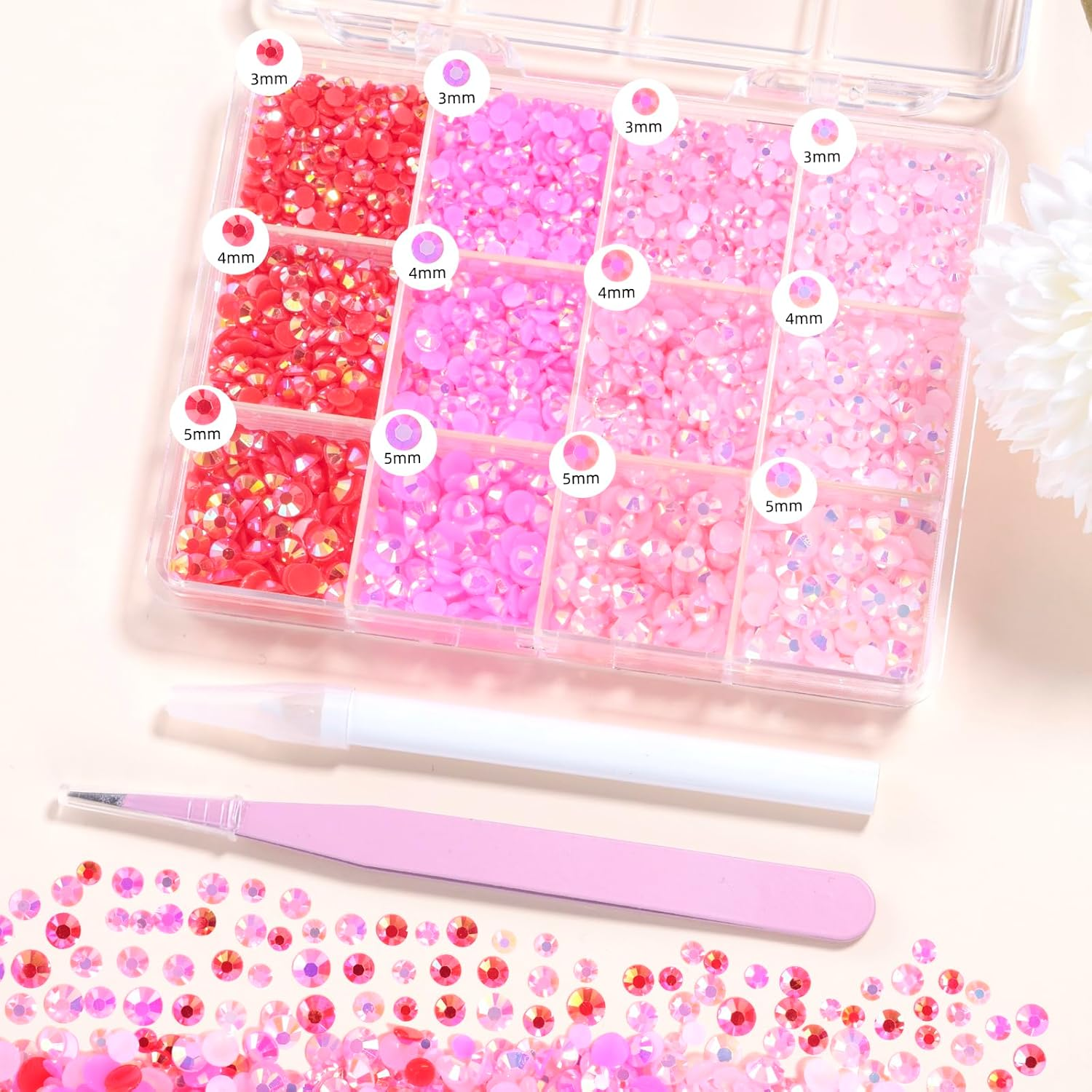 Cynailli Pink Color Jelly Resin Rhinestones, 3D Round, 3 Size, 12 Pieces, Acrylic, Craft Bead, Bedazzled Gems for Nails DIY Clothes Face Makeup DIY Jewelry with Tweezer Pen