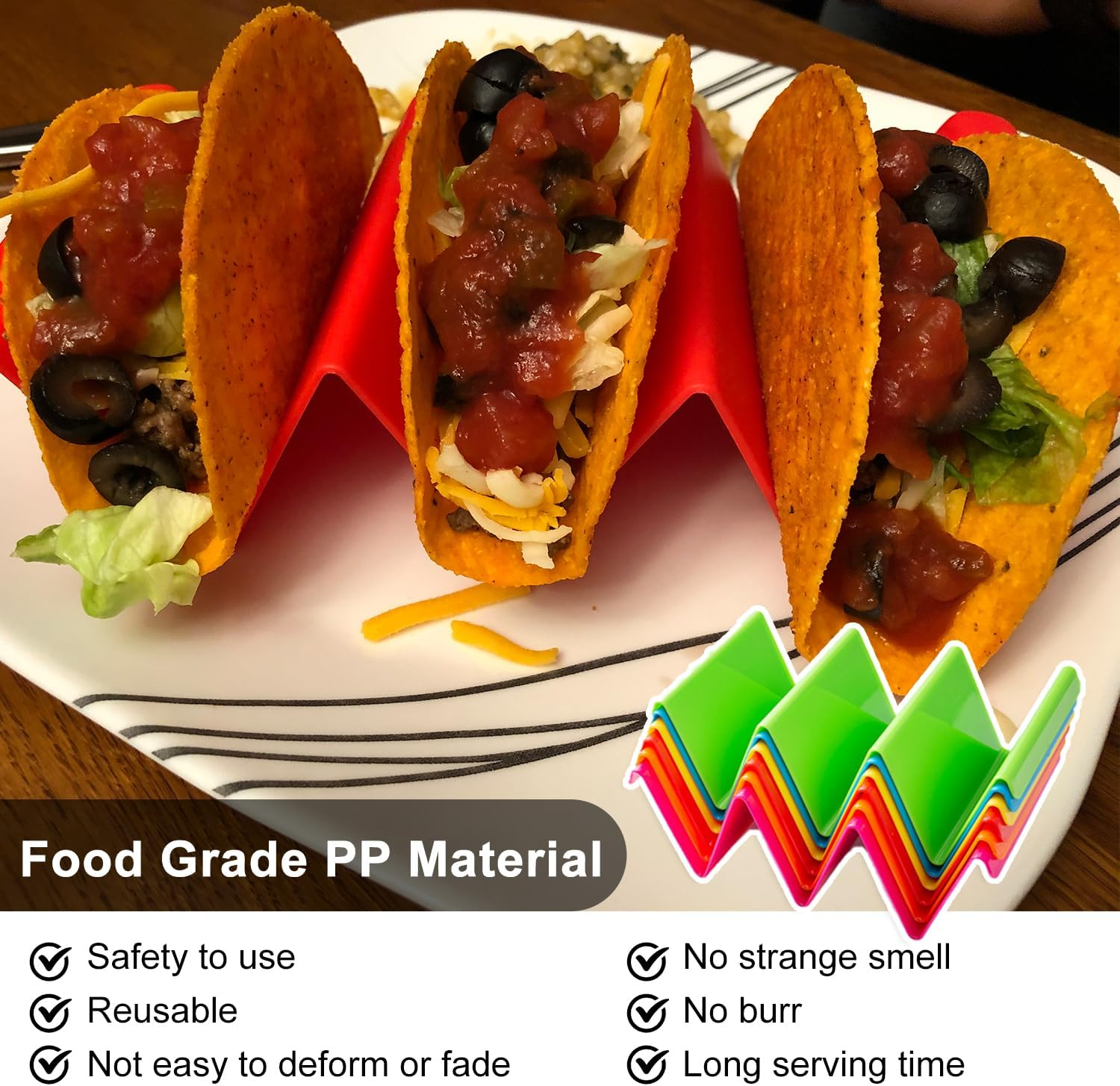 Colorful Taco Holders Set of 6,Taco Tray Plates with Handle,Each Can Hold 2 or 3 Tacos,Dishwasher and Microwave Safe (Yellow) image number 6