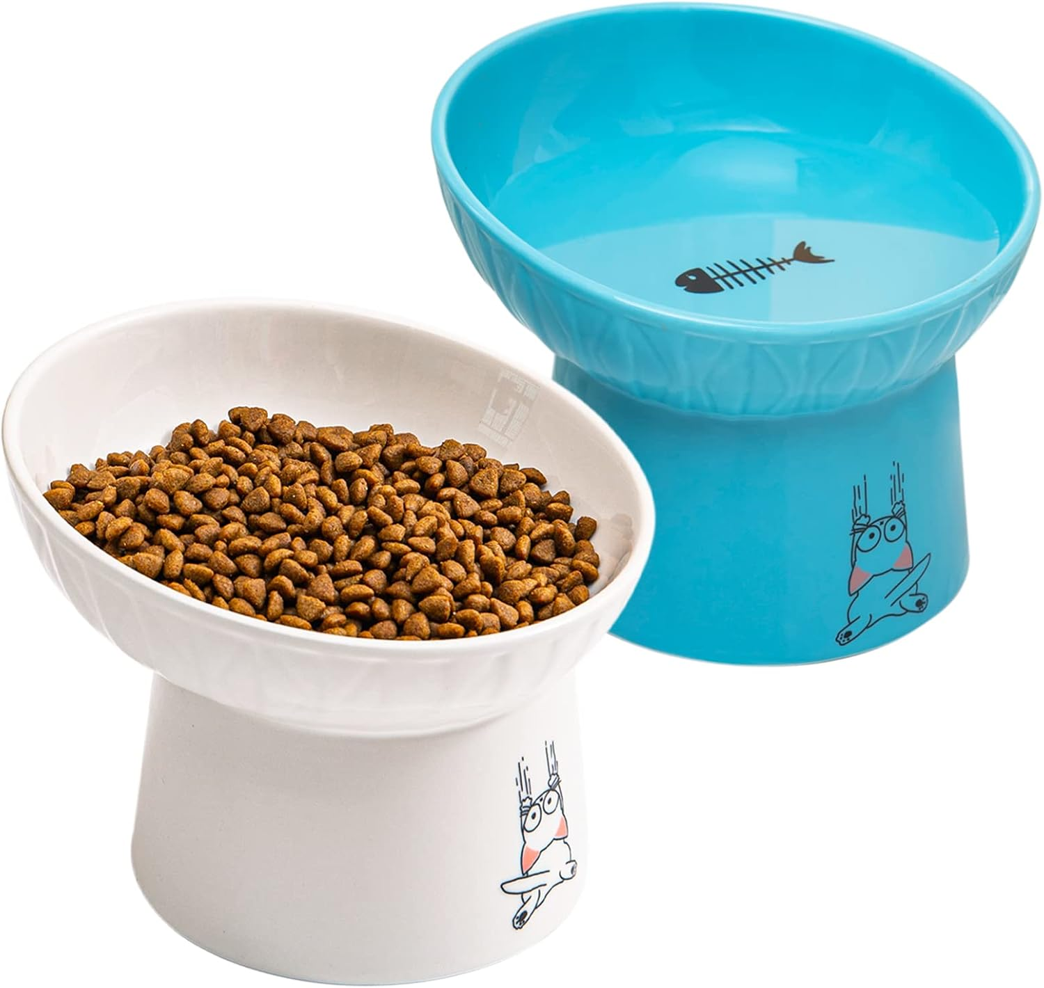 OMAYKEY Extra Wide Raised Cat Bowls, 6.5 Inch Wide Ceramic Tilted Elevated Cat Bowl, Prevent Neck & Whisker Fatigue, anti Vomit for Cats Puppies, Dishwasher and Microwave Safe, 2 Pack