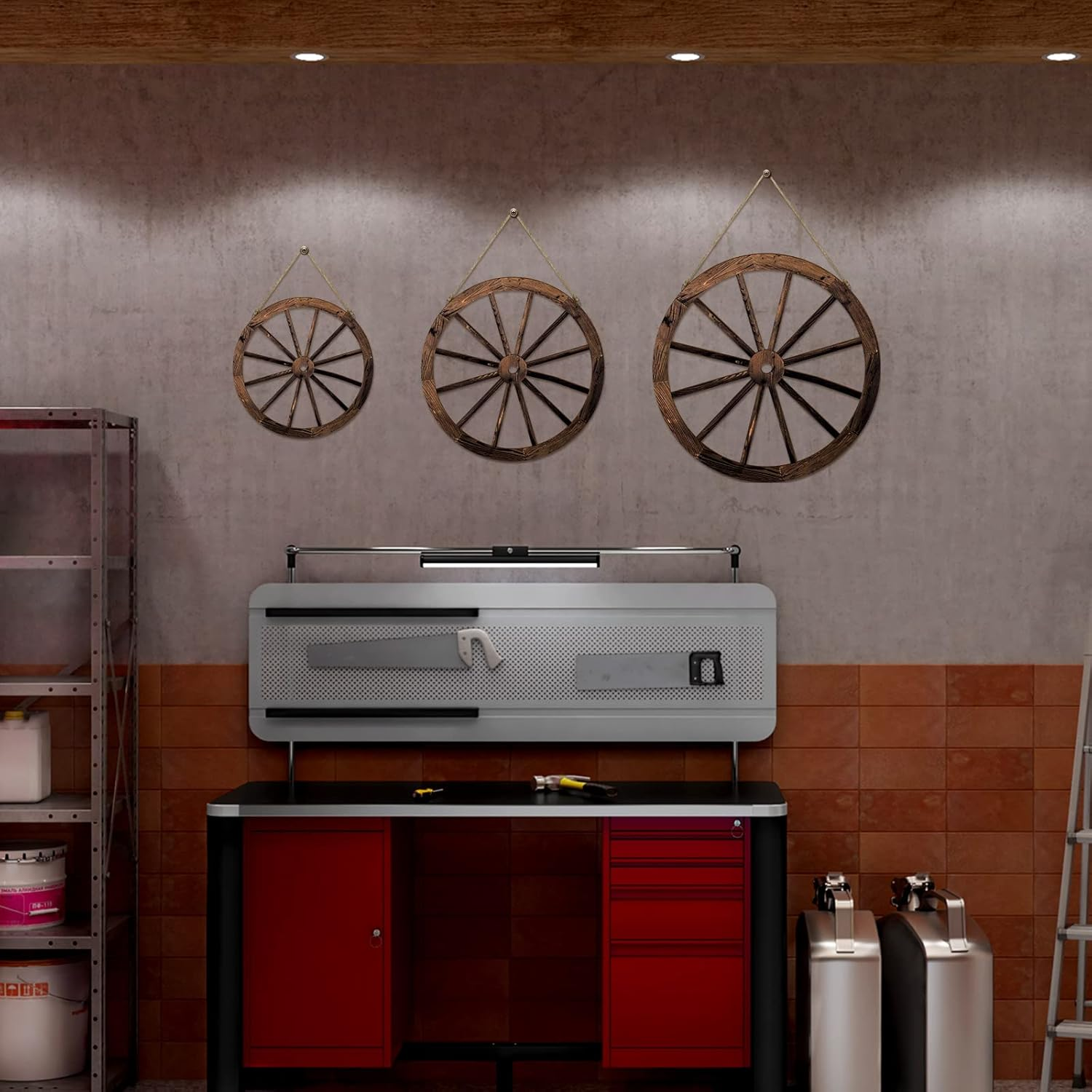 Qunclay 3 Pcs Wooden Wagon Wheel Decor 12/10/8 Inch Old Western Wall Decor Farmhouse Wagon Wheels Rustic Yard Hanging Decorative Art for Garden Home Bar Garage(Dark Brown) image number 4