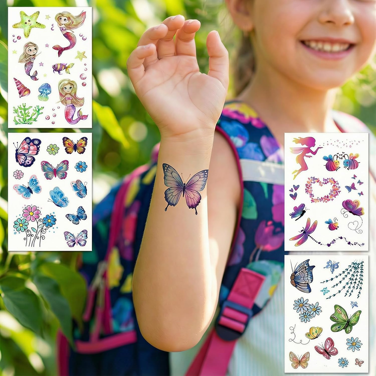 12 Sheets Glitter Temporary Tattoos for Kids | Cute Fake Tattoo Stickers with Butterfly, Mermaid & Fairy Designs - Waterproof Party Favors for Girls Boys Birthdays (Mermaid & Butterfly-Eg) - Mermaid  Butterfly-Eg image number 4