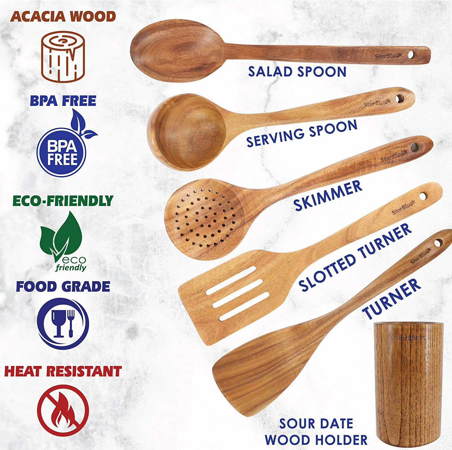 6 Pieces Acacia Wooden Cooking Utensils Set by Starblue &ndash; Non-Scratching and Durable Spatulas for Non-Stick Cookware &ndash; Eco-Friendly and Ergonomic Wooden Spatula and Spatula Holder Set image number 4