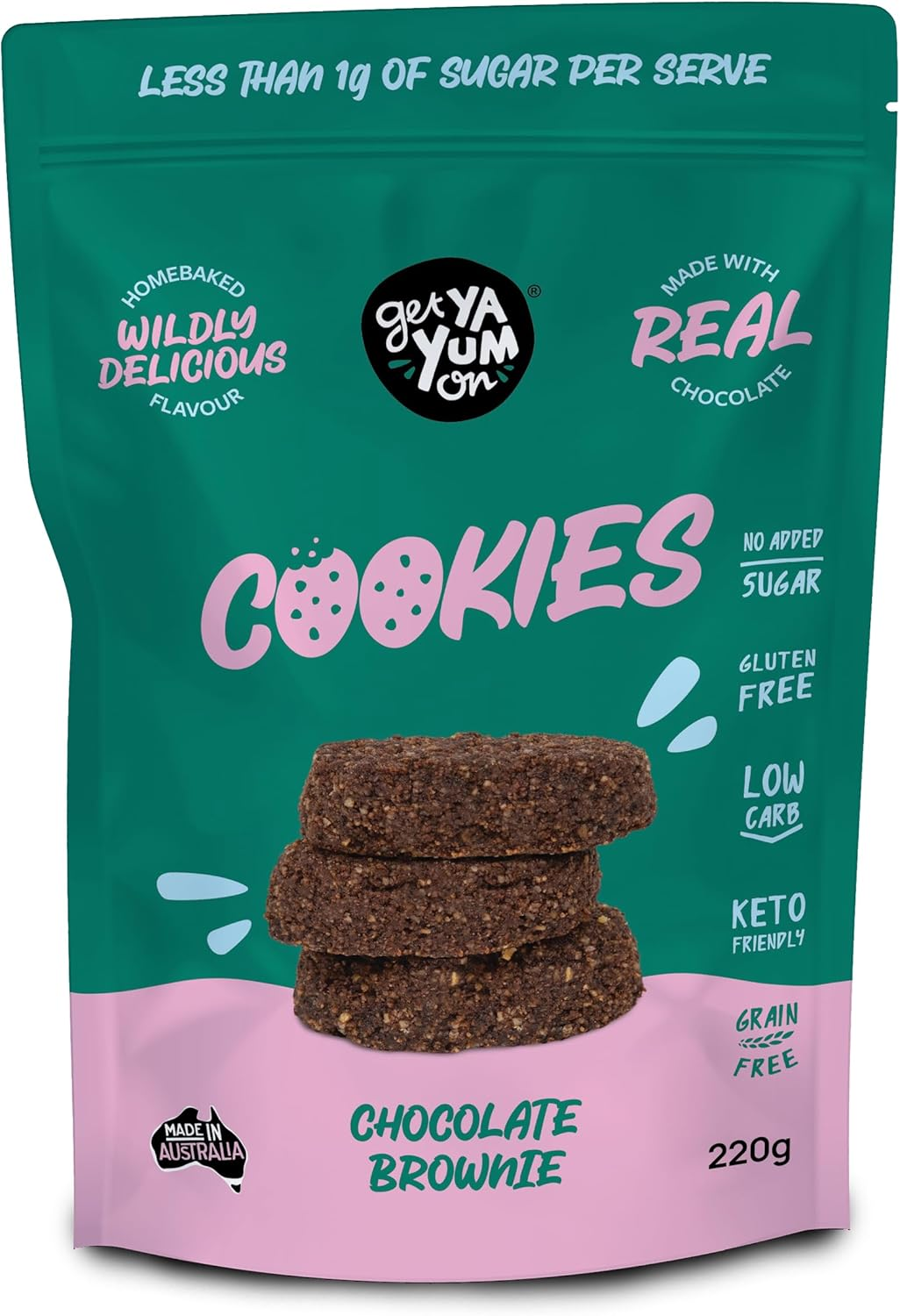 GET YA YUM ON- NO-SUGAR-ADDED CHOCOLATE BROWNIE COOKIES, GLUTEN FREE, LOW CARB, HOMEBAKED FLAVOUR! VALUE PACK 220G image number 1