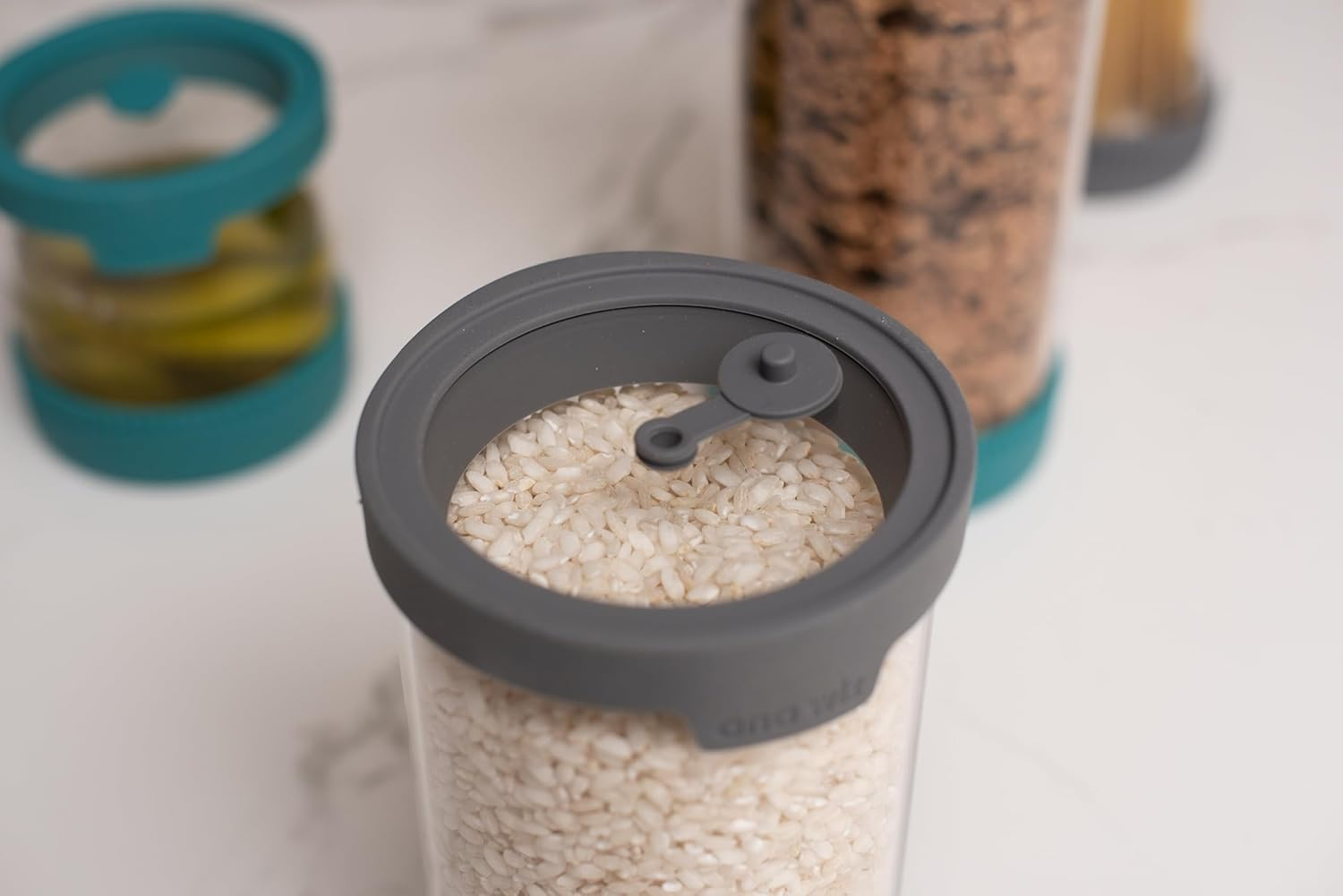 Ana Wiz Stackable Glass Storage Jar, with Airtight Vent & Silicone Base | Four Sizes & Two Colour Options, Perfect Kitchen Organisation (Charcoal - 1000Ml)