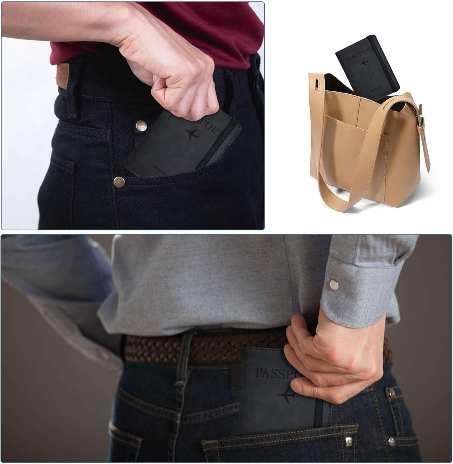 2 Pack Passport Holder, Passport Cover with Credit Card Slot and Boarding Pass Slot Combo, Passport Wallet Case Book Travel Must Have, RFID Blocking Leather Travel Accessories(Black+Brown) - Black+Brown image number 3