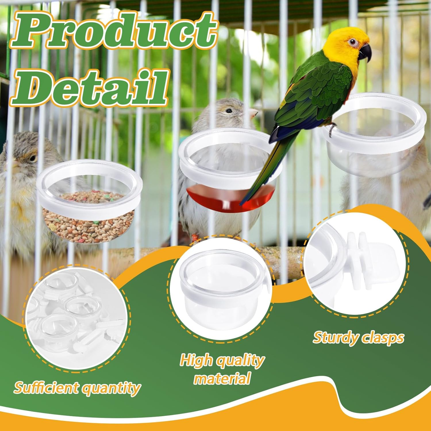 4 Pcs Small Bird Detachable Transparent Bowl with 8 Pcs Small Food Cups, Parrot Plastic Food Feeder Convenient Hanging Food Cups for Canary Finch Parrot (Transparent) image number 1