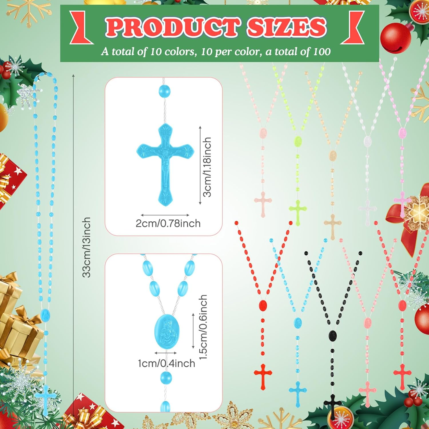 Bulk Rosaries 100 Pack Plastic Rosary Beads Catholic Cross Necklaces Christmas Rosaries for Kids Homeless Christmas Easter Church Classroom Gift Party Favor Food Bank Supply (13 Inch, 10 Colors)
