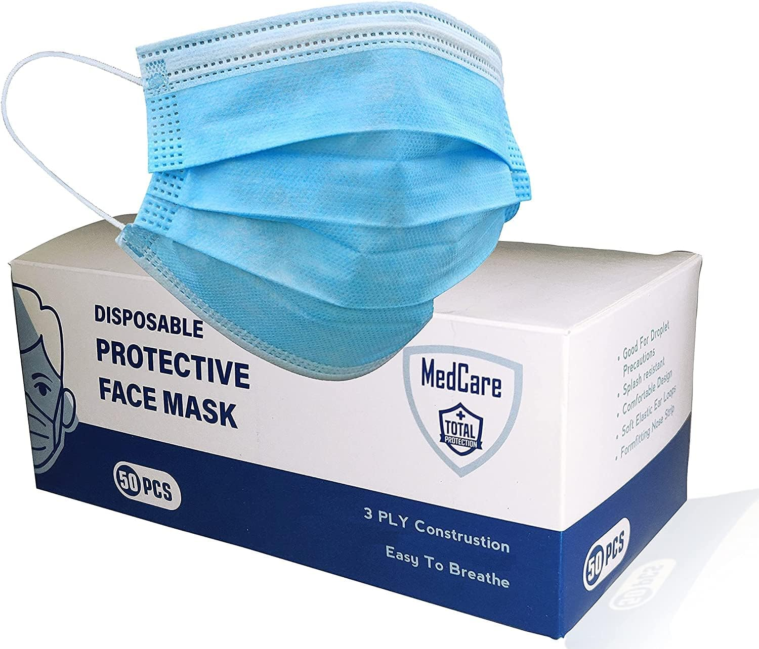 MEDCARE 50Pcs Disposable Breathable 3 Ply/Ply Face Mask Filter Protection Earlooped Australia Adult Children Blue (Shipped from Australia) image number 5