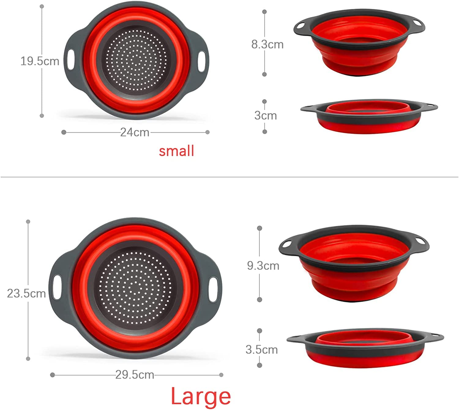 Collapsible Colander Set,Silicone Collapsible Strainer for Draining Pasta Spaghetti Fruits and Vegetables Colander Collapsible 1 Large & 1 Small Sizes Kitchen Mesh Strainers Tool Folding Colanders (RED)