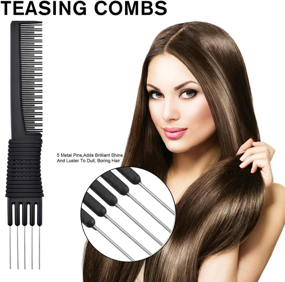 Black Carbon Lift Teasing Combs with Metal Prong, Salon Teasing Back Combs, Lifting Fluffing Comb with 5 Stainless Steel Pins image number 3