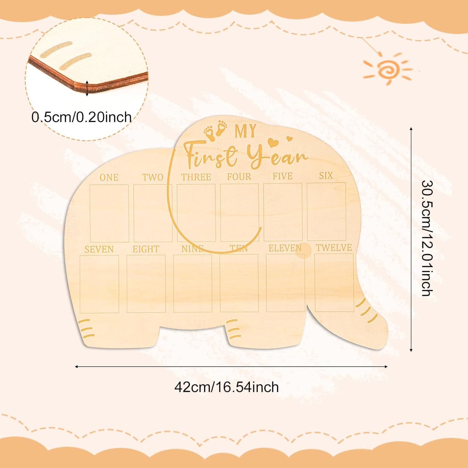 My First Year Photo Frame, Wooden 1St Birthday Picture Board 12 Months Baby Photo Display Elephant Shape Nursery Decoration Boys Girls Newborn Baby Mom Memories