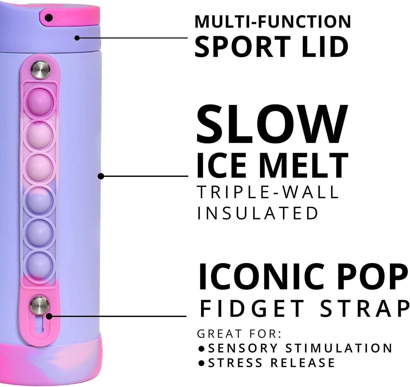 Elemental Iconic Kids Water Bottle - Leak Proof Insulated Water Bottle with Straw Lid & Stress Relief Pop It Handle - Stainless Steel Triple Wall Bottle for School, Bpa-Free, 414Ml - Lilac Tie Dye image number 1