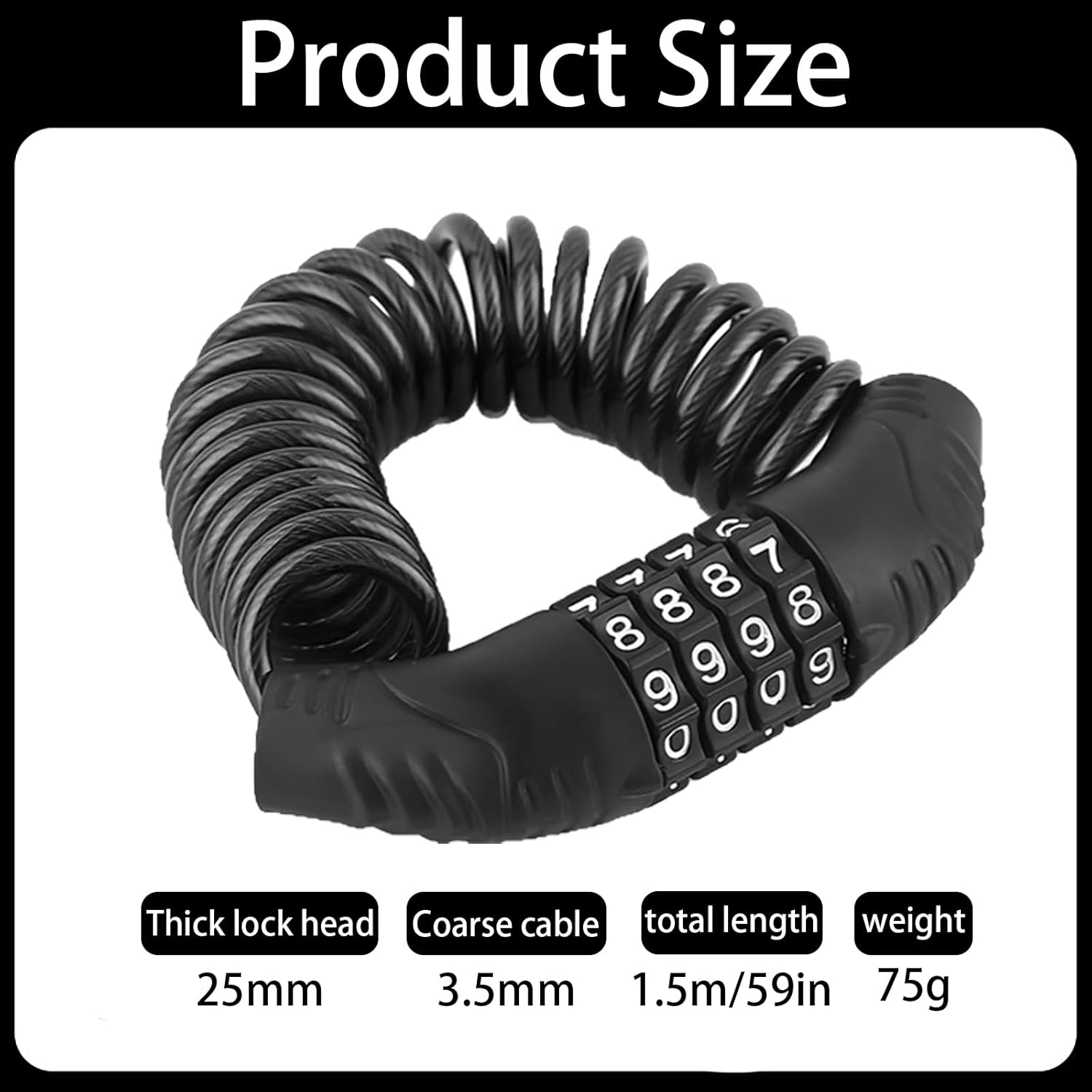 Bike Lock, 4 Digit Combination Bike Locks with 1.4M Steel Cable, Black Bicycle Lock for Cycling Equipment, Secure Lock for Motorcycle, Helmet, Stroller and Outdoor Gear image number 4