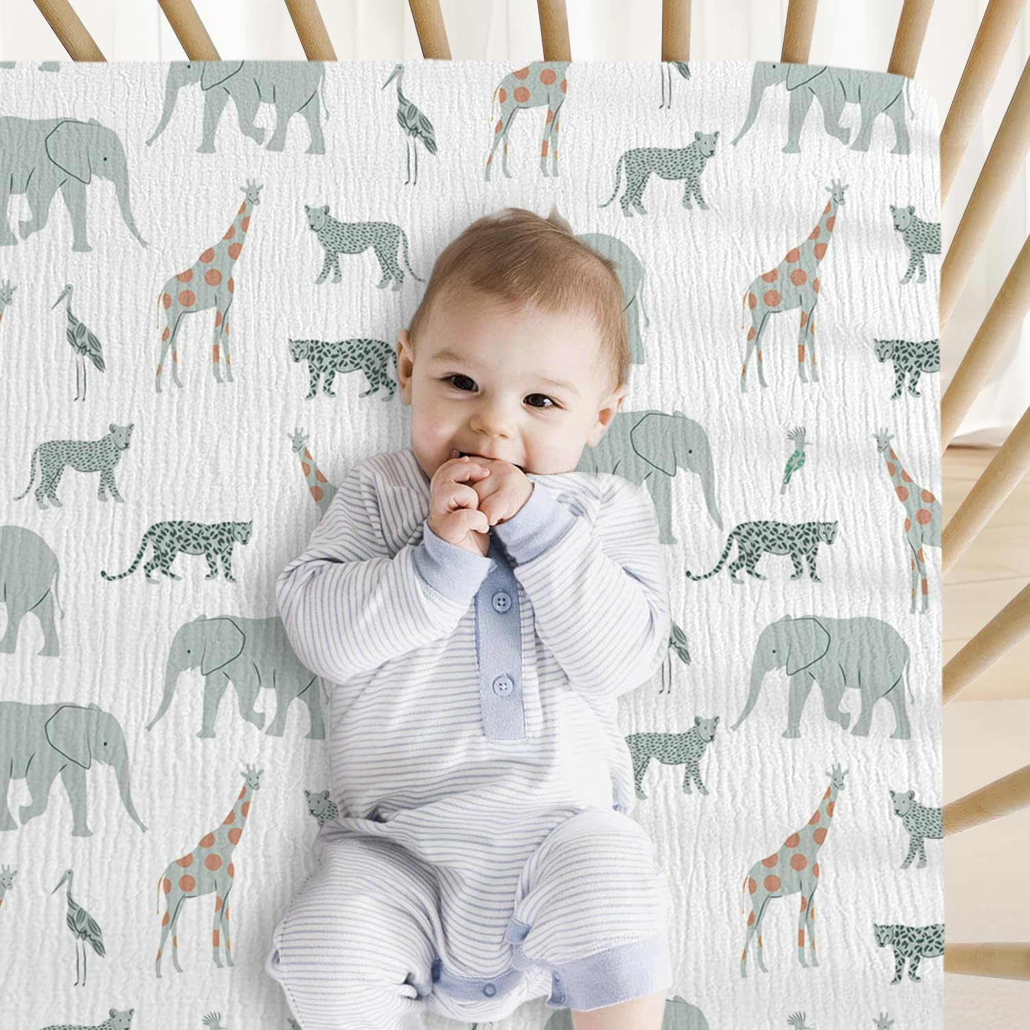 Little Grape Land Muslin Cot Sheet for Baby,100% Cotton Baby Cot Sheets Fitted Standard Crib Mattress 130X70Cm, Soft Breathable Neutral Toddler Bed Sheet Fitted for Boys Girls(Safari image number 4