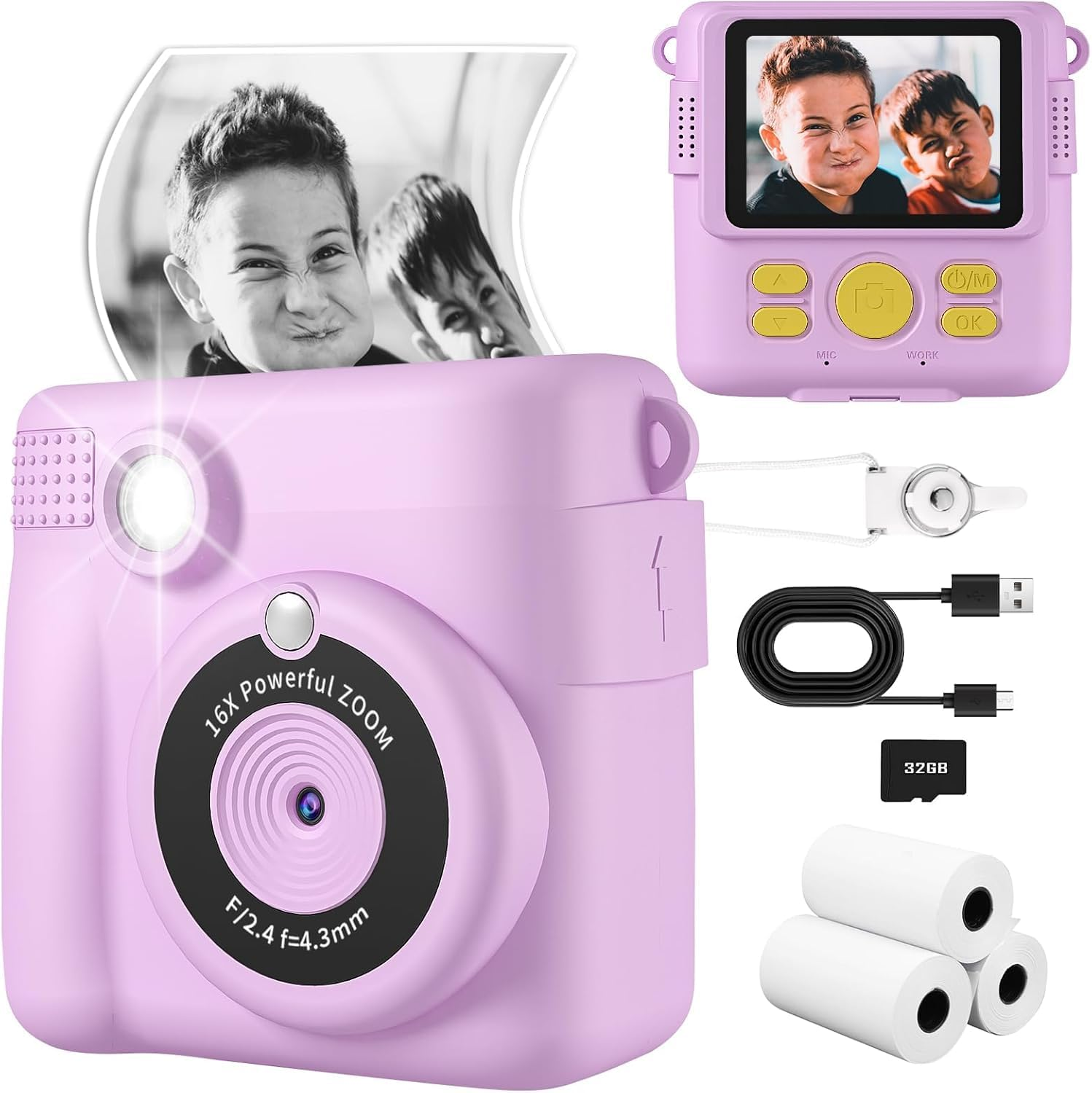 Kids Camera - Children'S Instant Camera Print 1080P 2.4 Inch Screen, Digital Camera with 16X Digital Zoom, 32GB TF Card, Card Reader, Colored Pens for 3-12 Boys and Girls Years Gift PINK