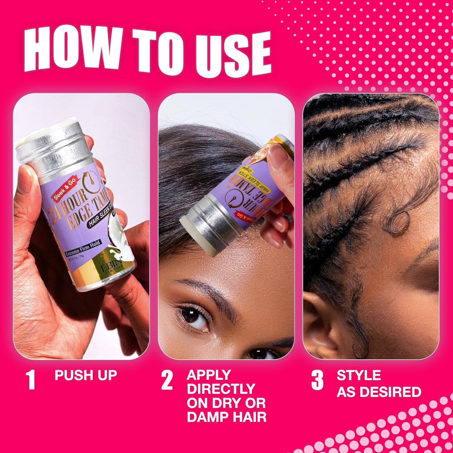 EBIN NEW YORK 24 Hour Edge Tamer Hair Sleek Stick, Extreme Firm Hold, 2.7 Oz, Original &ndash; Sleek & Go, No Flaking and White Residue image number 6