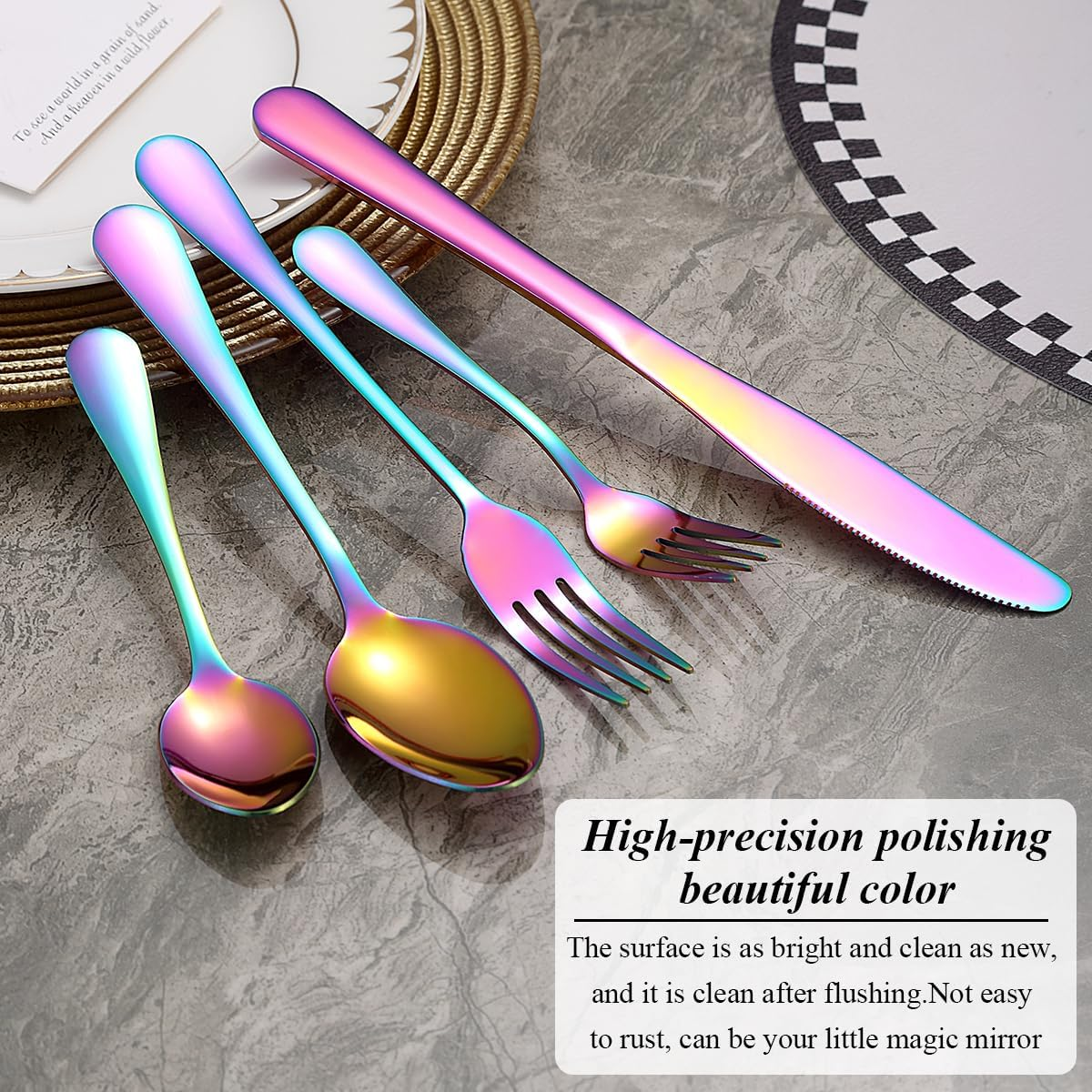 Reanea Cutlery Set 30 Pieces for 6 People Rainbow Cutlery Titanium Cutlery Set Includes Knives, Spoons, Forks, Teaspoons, Salad Forks, Salad Forks, Dishwasher Safe image number 6