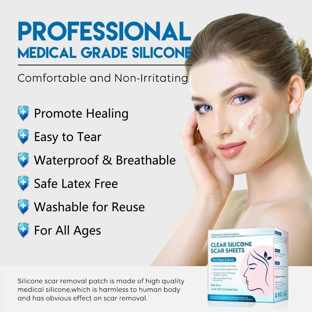 Clear Silicone Scar Sheets for Face & Body &ndash; Medical-Grade Silicone Gel, Improves & Heals Scars, Waterproof, Breathable, Easy to Cut (Roll Size 0.98" X 59", 2.5Cm X 1.5M) image number 2