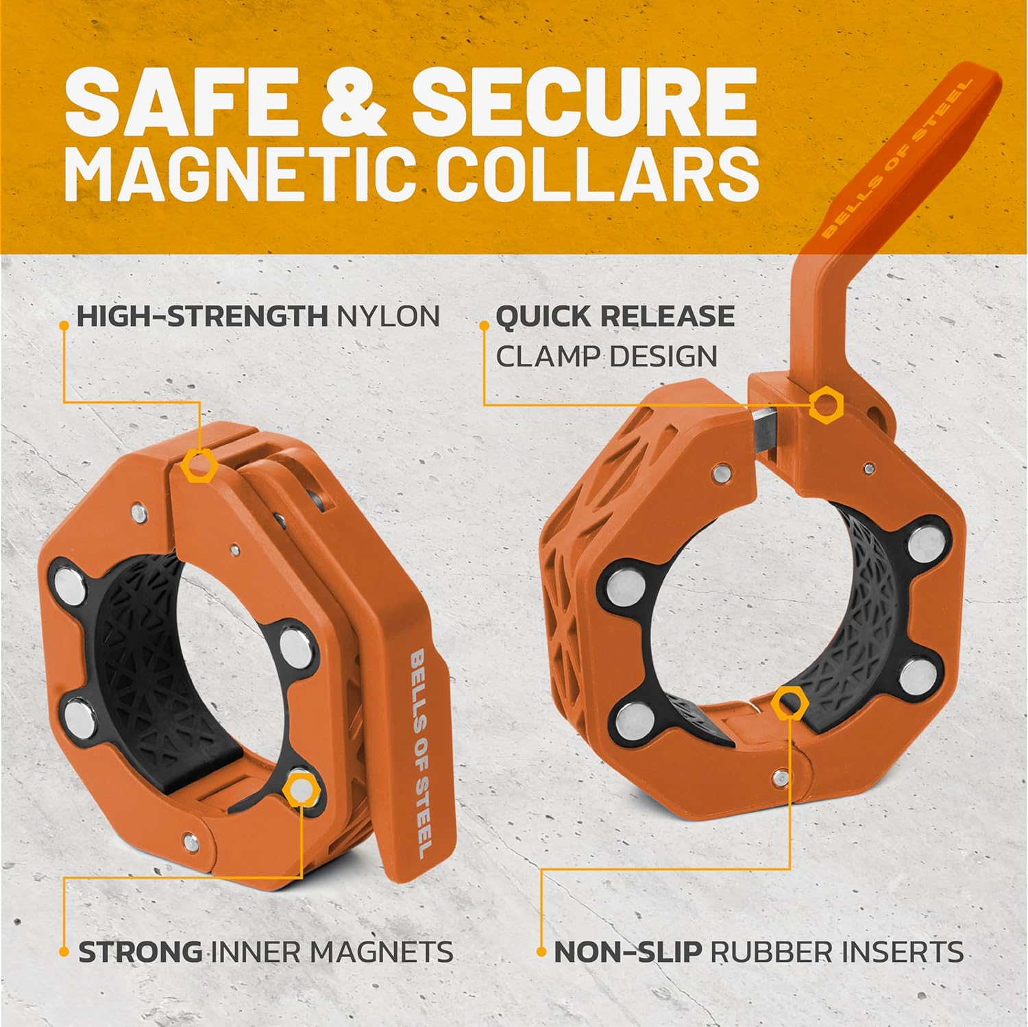 Magnetic Barbell Collars [Bells of Steel] Premium Weight Bar Clamps, Quick Release Barbell Clips, Olympic Barbell Clamps, High Strength Nylon Gym Clips, Pair - Blue V.1 image number 3