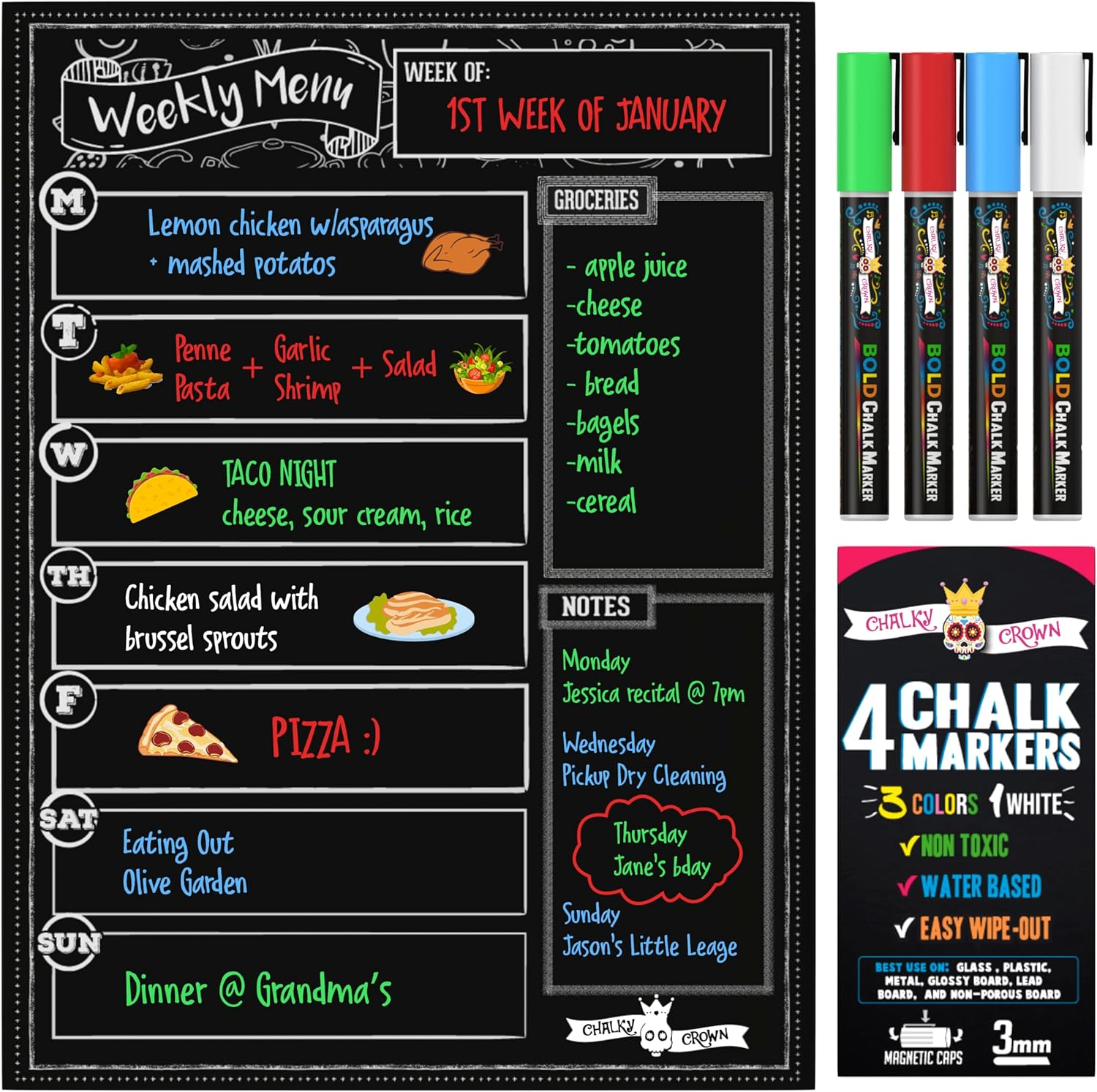 Magnetic Dry Erase Menu Board for Fridge Includes 4 Liquid Chalk Markers - Weekly Meal Planner Blackboard, Grocery List and Notepad for Kitchen Refrigerator - Chalkboard Magnet image number 5