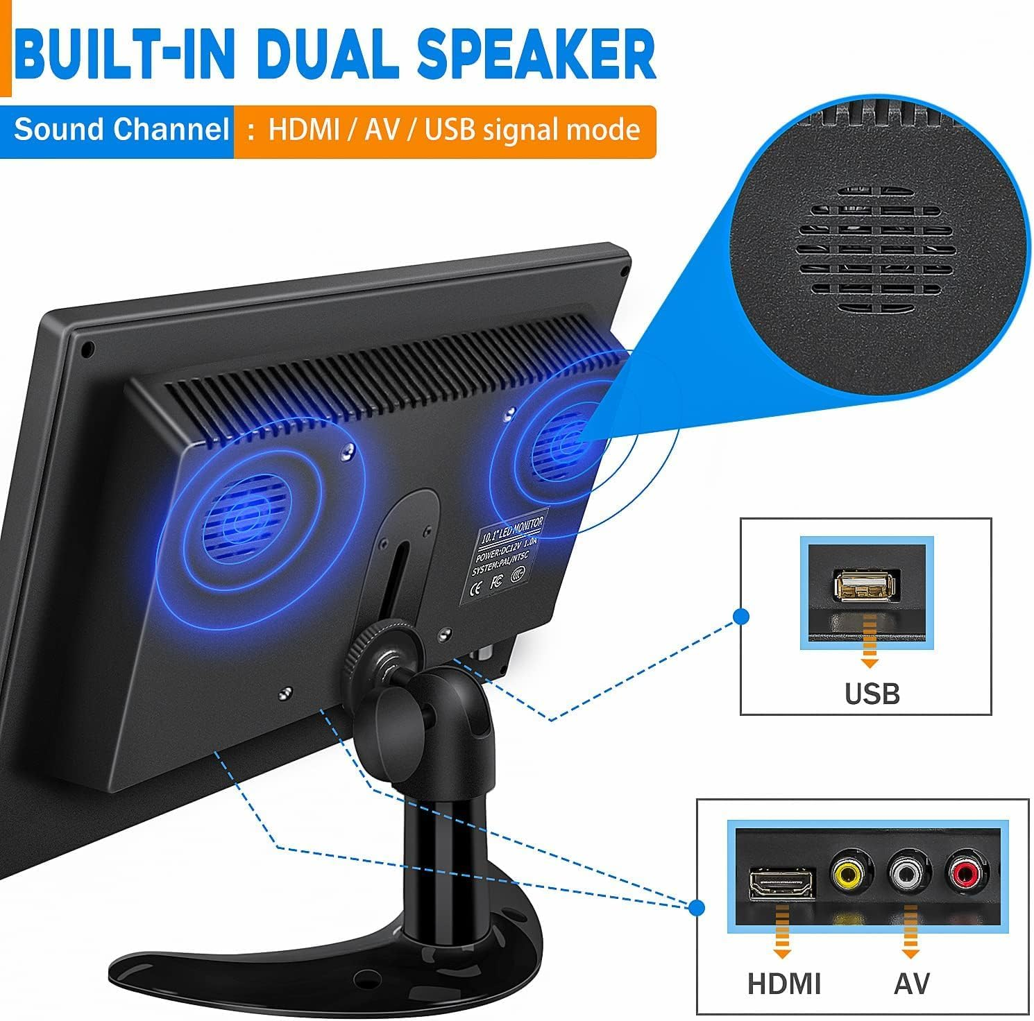 10.1-Inch Portable HDMI Monitor 1024X600 Resolution Mini 1080P IPS Monitor with Built-In Dual Speakers HDMI VGA BNC RCA Input for Gaming Raspberry Pi PC CCTV Security Camera image number 5