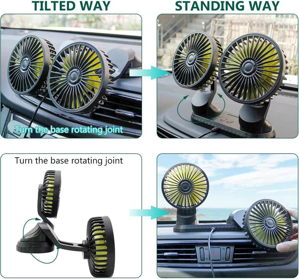 Reelau USB Car Fan for Driver, Dual Head 5V USB Car Cooling Fan for Central Console Super Strong Airflow Standing Desktop Fan Any Angle Adjustable Automobile Fan Vehicle Fan for Car Truck Van SUV RV image number 1