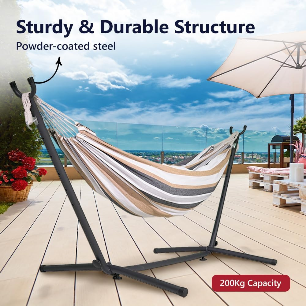 MT ASPIR Outdoor Hammock with Waterproof Stand, for 2 Person Portable Lightweight Hanging Hammocks Swing Beds for Camping, Beach, Backyard, Travel, Support up to 200Kg Blue - Brown image number 2