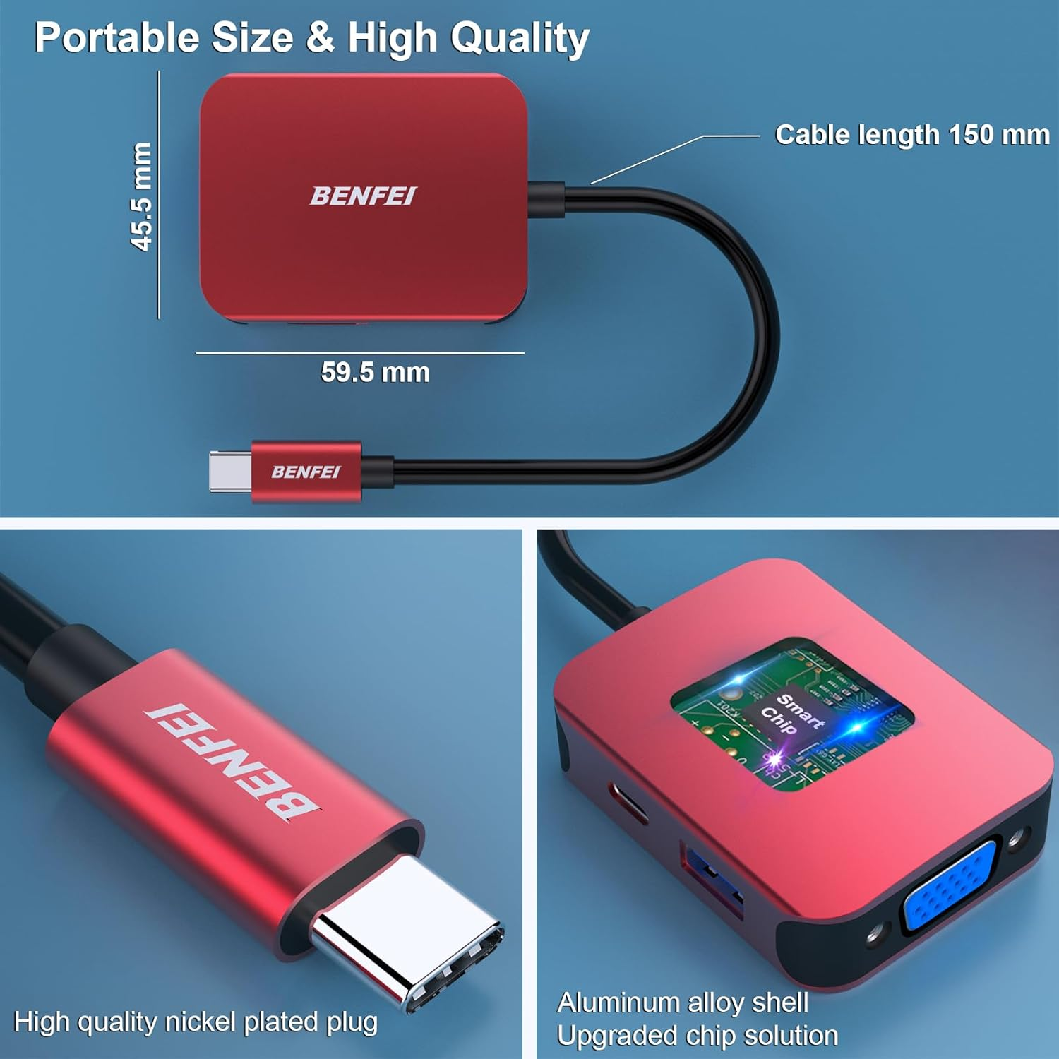 BENFEI USB C HUB 4In1, USB Type-C to HDMI VGA Adapter, USB C to USB Adapter, USB Type-C Power Delivery, Compatible for Macbook Pro 2023/2022/2021/2020,Surface Book 2, Dell XPS 13/15, Pixelbook - Black image number 2