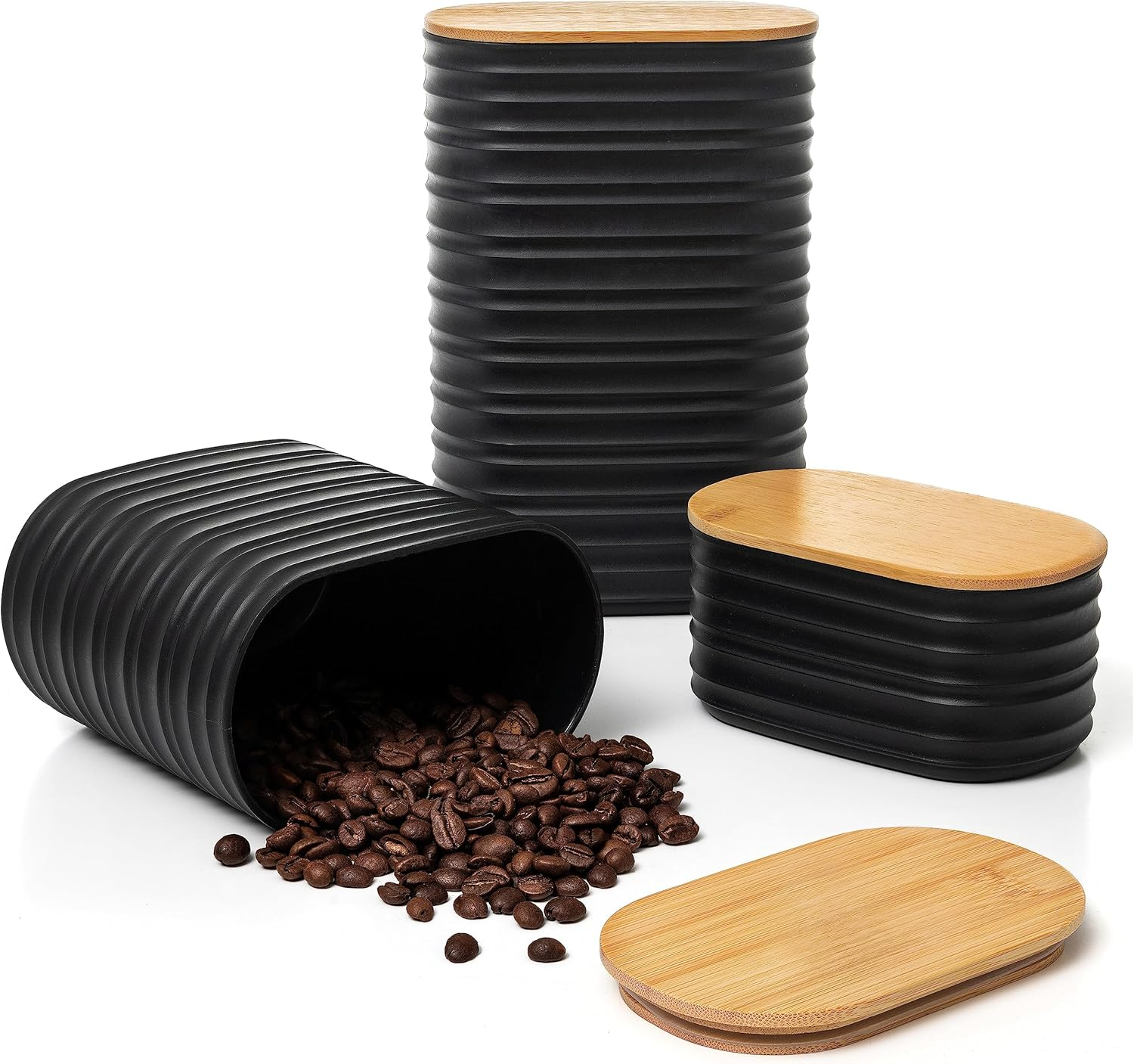 Mixpresso Olive Green Canisters Sets for the Kitchen &ndash; 3-Piece Airtight Plastic Sugar Container Set with Bamboo Lids in Three Different Sizes &ndash; Decorative Modern Storage Jars for Coffee &Tea