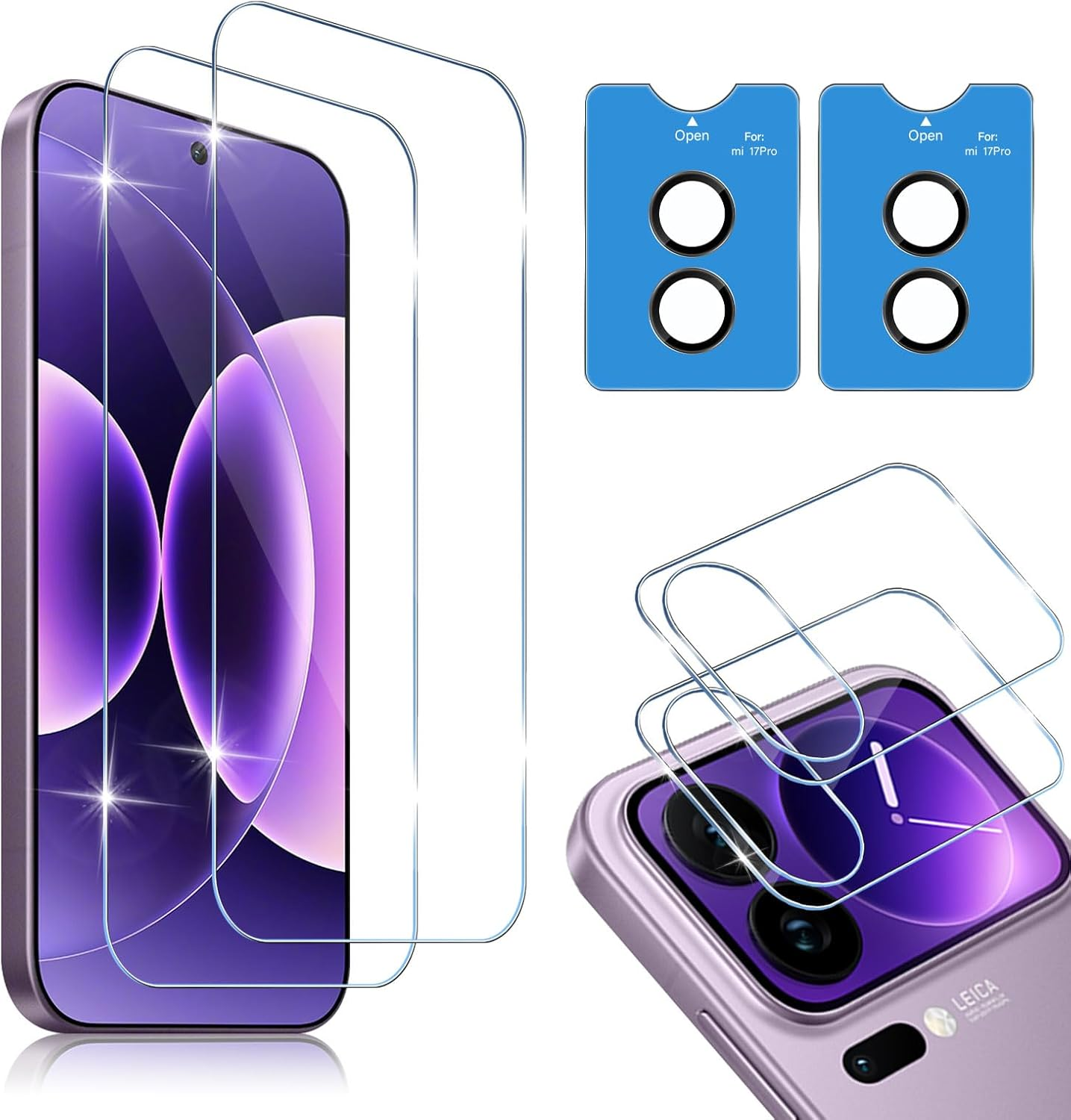 Hidwee Screen Protector Compatible with Xiaomi 17 Pro 5G for Tempered Glass, Pack of 2 9H Hardness External Protective Glass + 2 Soft TPU Inner Screen Protectors + 2 Pieces Camera Protection, Full image number 1