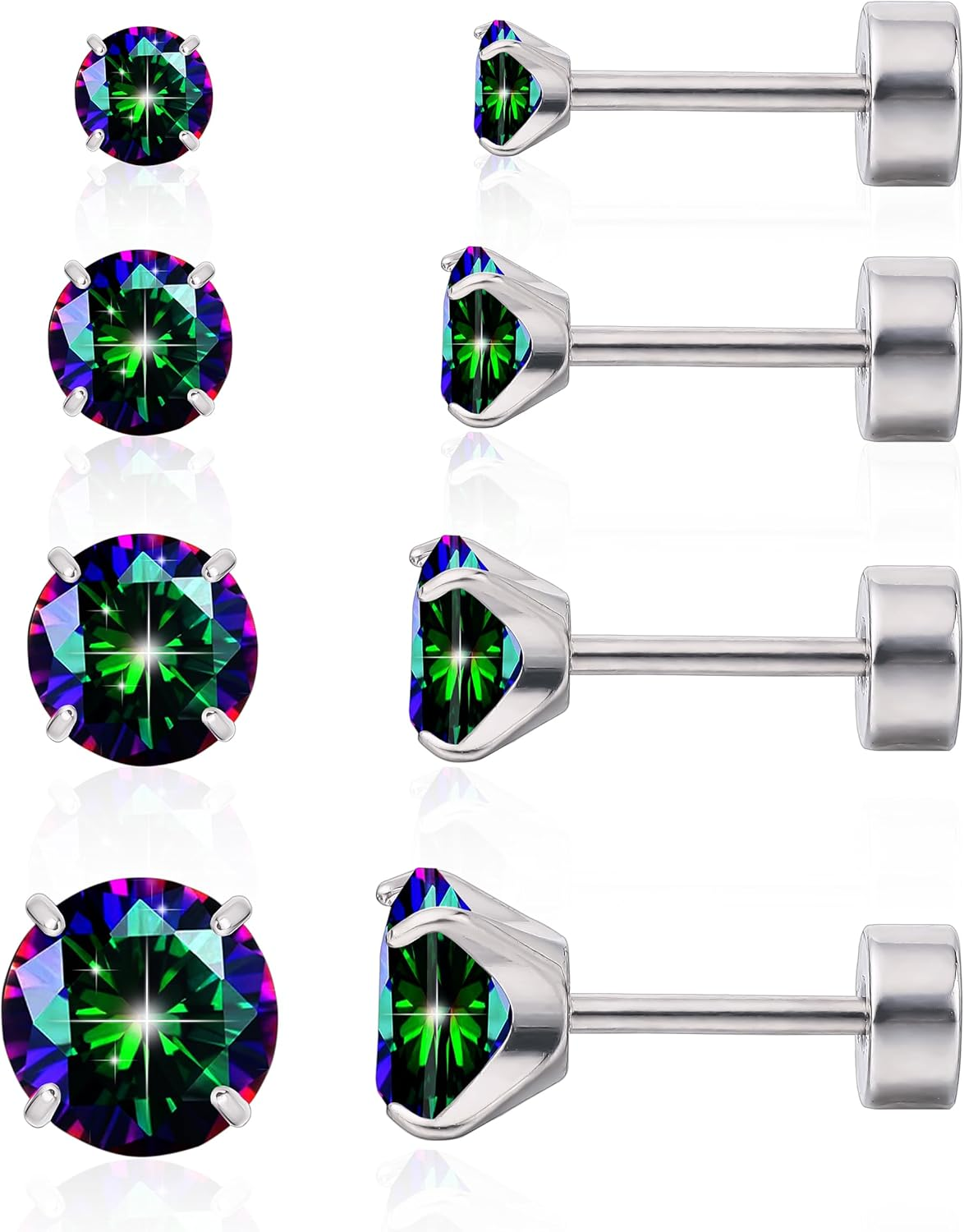 Limerencia F136 Hypoallergenic Titanium Earrings 20G CZ Studs Set, Flat Back Earrings Cartilage Helix G23 Piercing Post of 4 Pairs 3-6Mm Screw Back Earrings for Women Girls