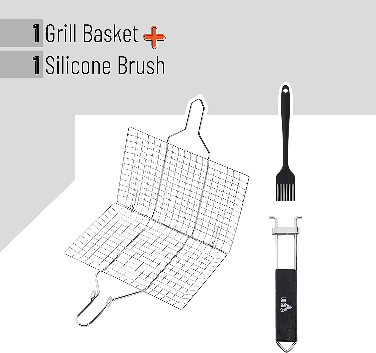 UNCO- Grill Basket, Stainless Steel, Silicone Brush, Fish Grill Baskets for Outdoor Grill, Vegetable Grill Basket, BBQ Grill Basket, BBQ Basket, Grilling Basket, Fish Basket for Grilling, 4Th of July