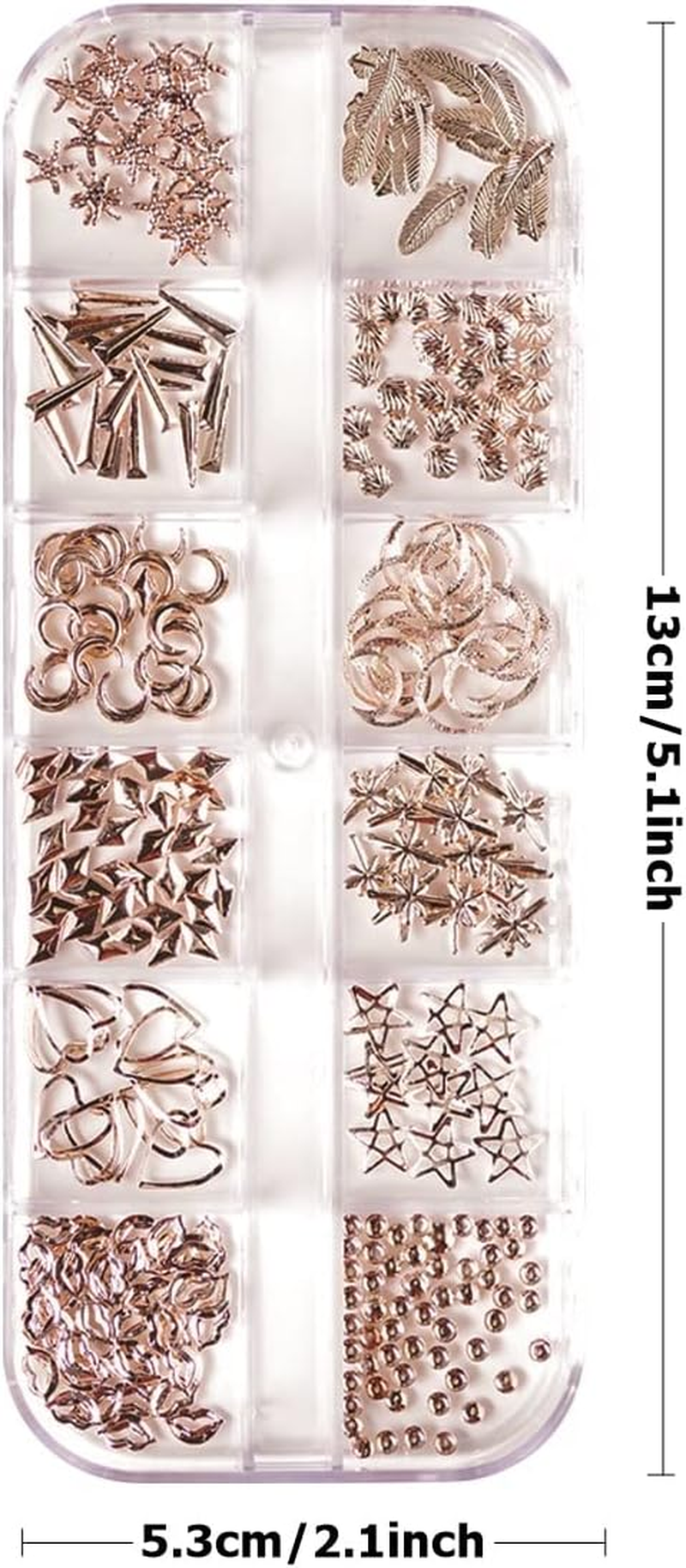 Nail Charms Studs Sparkle Metal Nails Art Rivet Kit Mix Shapes DIY Irregular Manicure Accessories for Feather Star Moon Shell Heart - Rose Gold image number 1