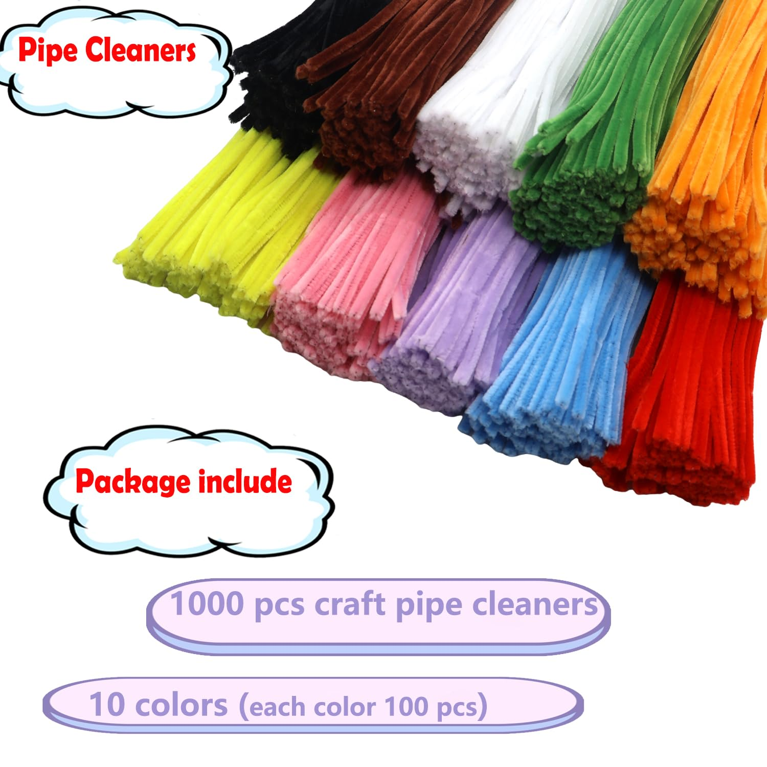 1000 Pcs Craft Pipe Cleaners Set in 10 Assorted Colors,Fluffy Pipe Cleaners Chenille Stems for Holiday DIY Decorations,Art & Craft Projects (6Mm X12 Inch) image number 2