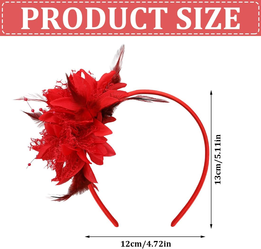 Pack of 2 Feather Headband with Artificial Flowers, Retro Hair Band Fascinator for Carnival Cocktail Wedding Tea Party Accessories image number 3