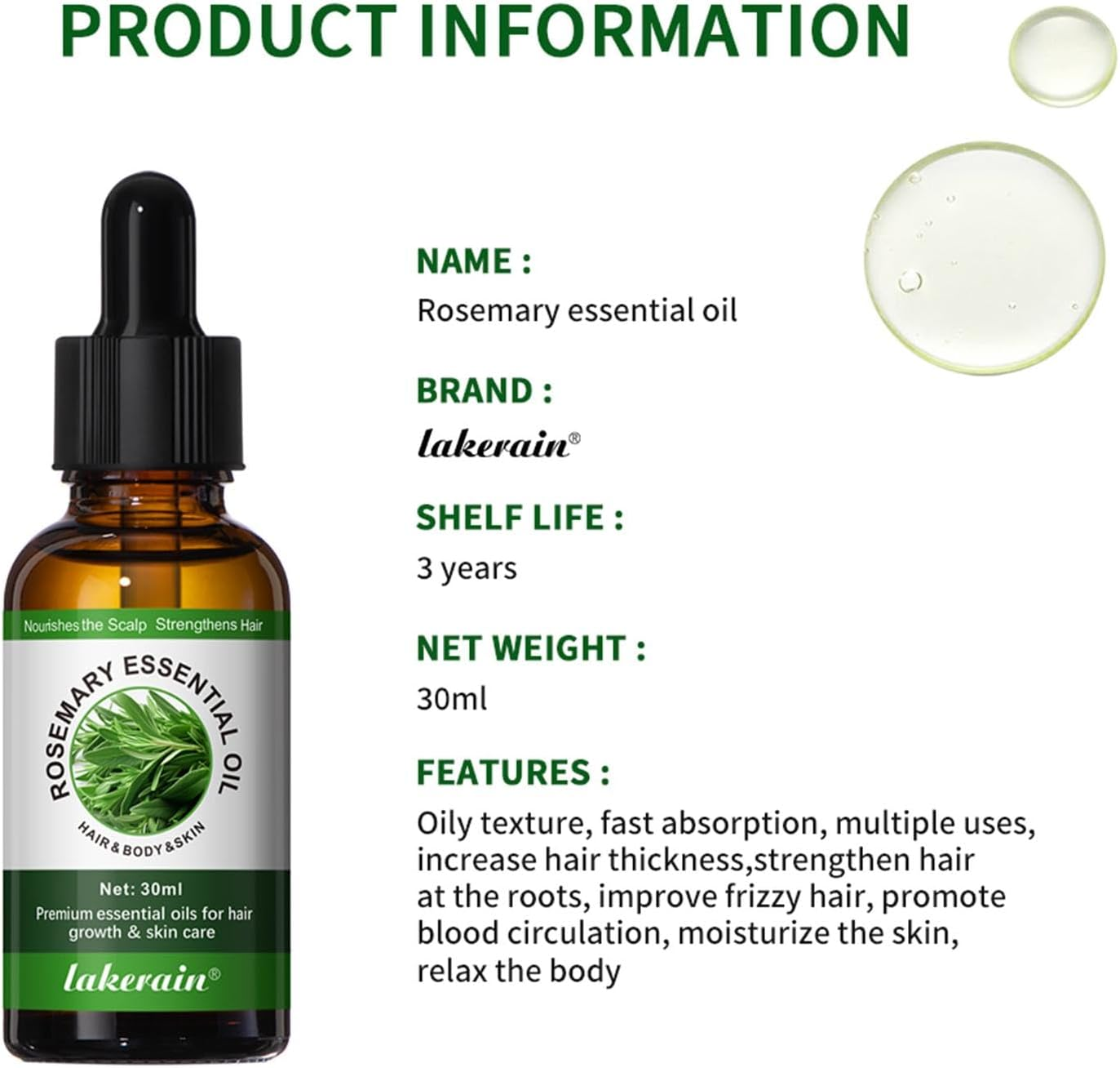 Rosemary Hair Oil, Rosemary Oil, 30Ml Rosemary Essentiial Oil, Rosemary Mints Scalp & Hair Strengthening Oil for All Hair Types, Hair Loss, Split Ends and Dry Scalp image number 2